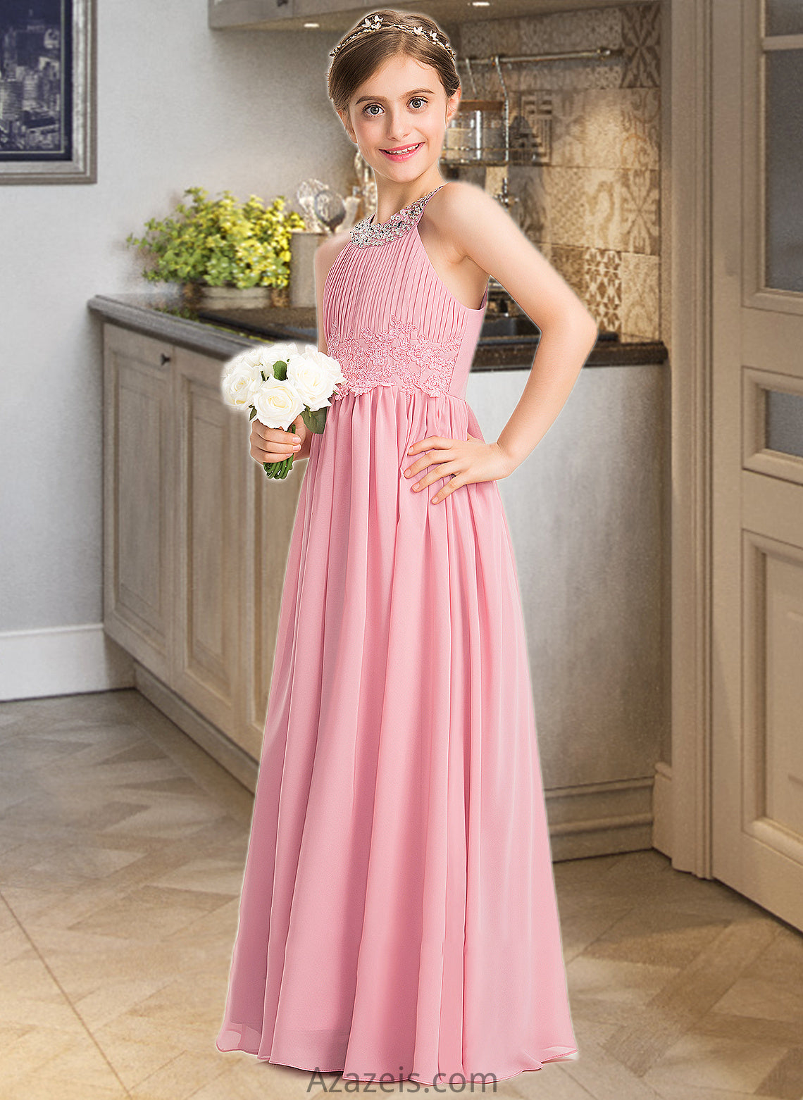 Brylee A-Line Scoop Neck Floor-Length Chiffon Lace Junior Bridesmaid Dress With Ruffle Beading Sequins DFP0013582