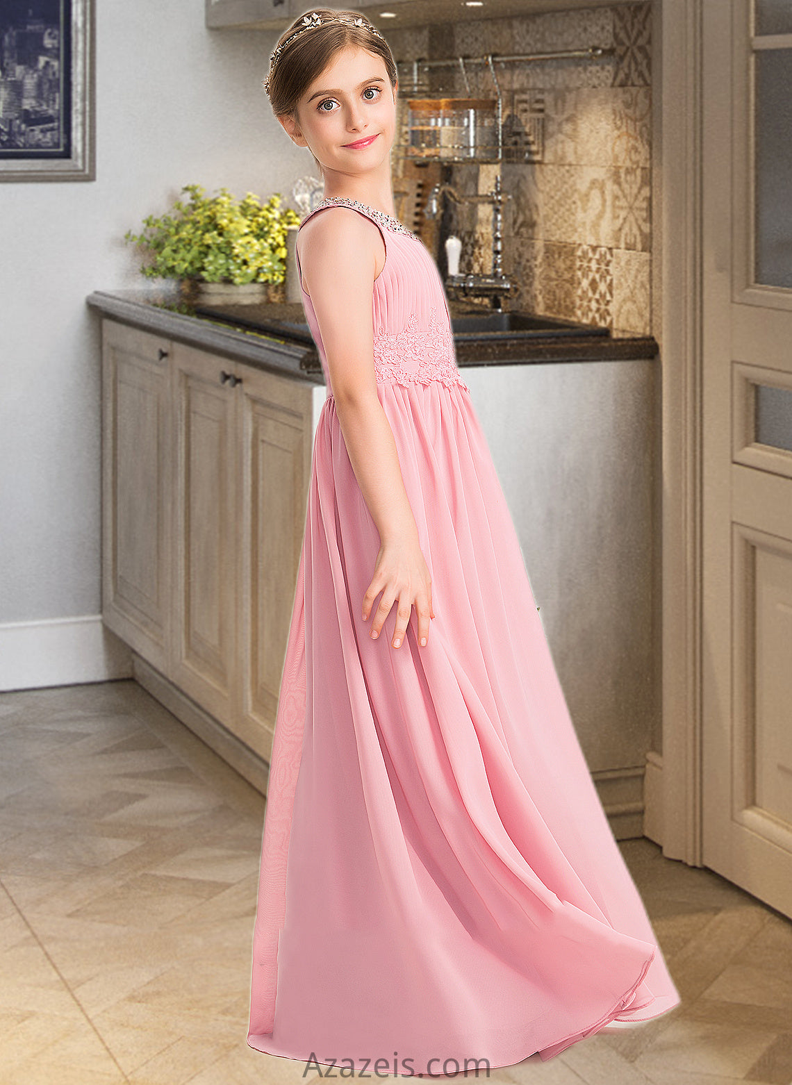 Brylee A-Line Scoop Neck Floor-Length Chiffon Lace Junior Bridesmaid Dress With Ruffle Beading Sequins DFP0013582