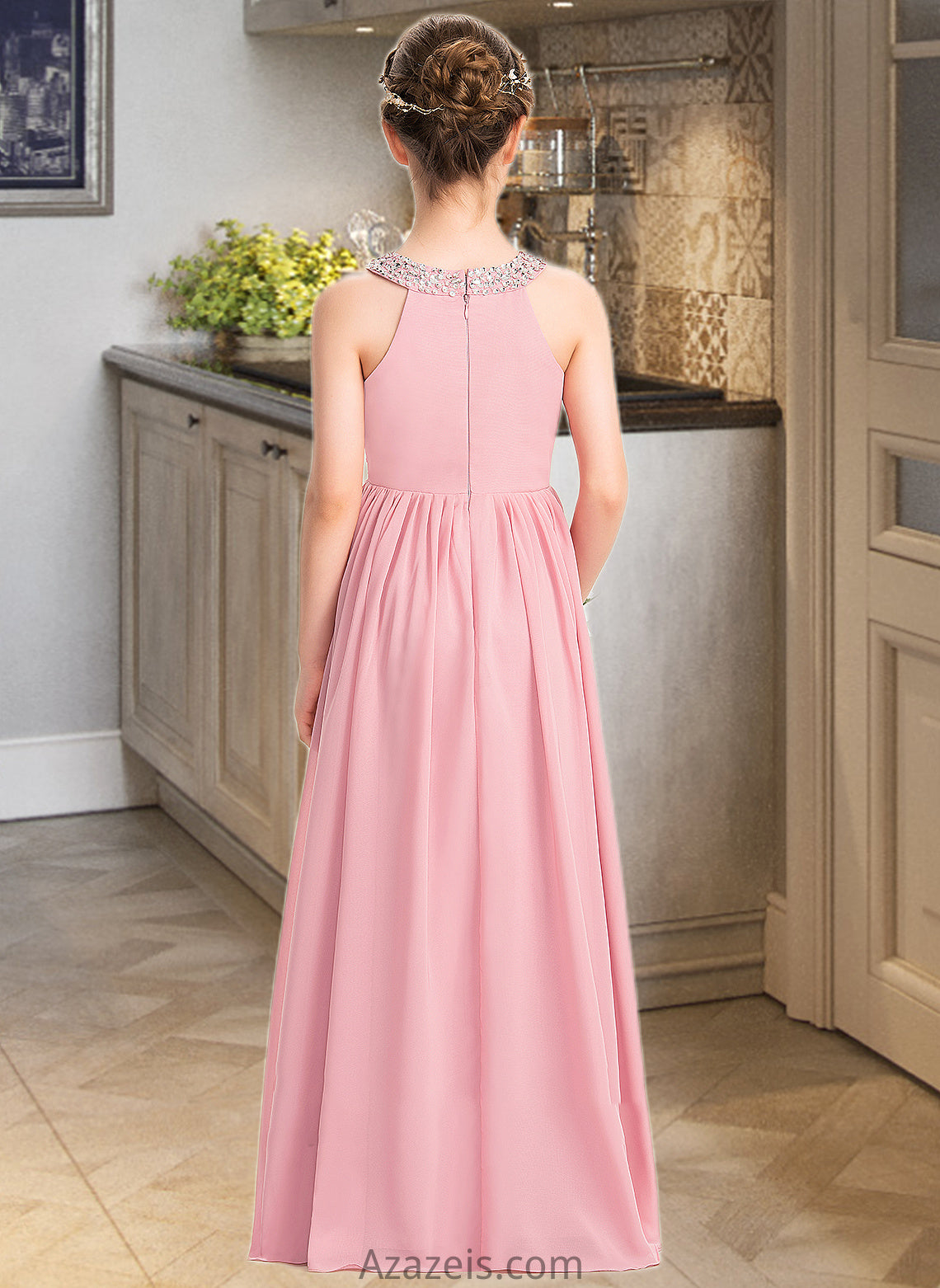 Brylee A-Line Scoop Neck Floor-Length Chiffon Lace Junior Bridesmaid Dress With Ruffle Beading Sequins DFP0013582