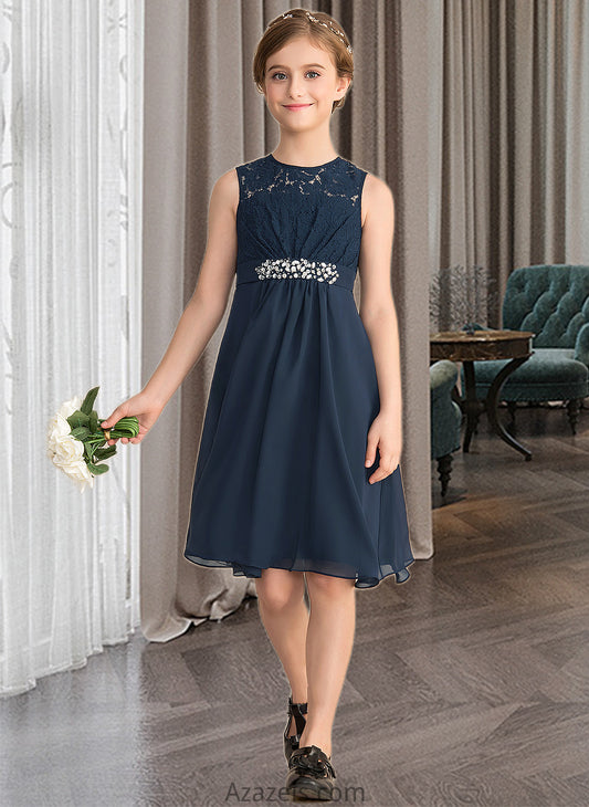 Xiomara A-Line Scoop Neck Knee-Length Chiffon Lace Junior Bridesmaid Dress With Beading Sequins Bow(s) DFP0013583