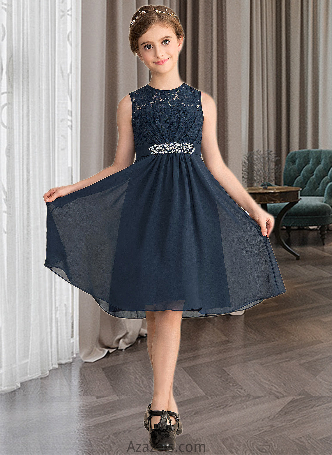 Xiomara A-Line Scoop Neck Knee-Length Chiffon Lace Junior Bridesmaid Dress With Beading Sequins Bow(s) DFP0013583