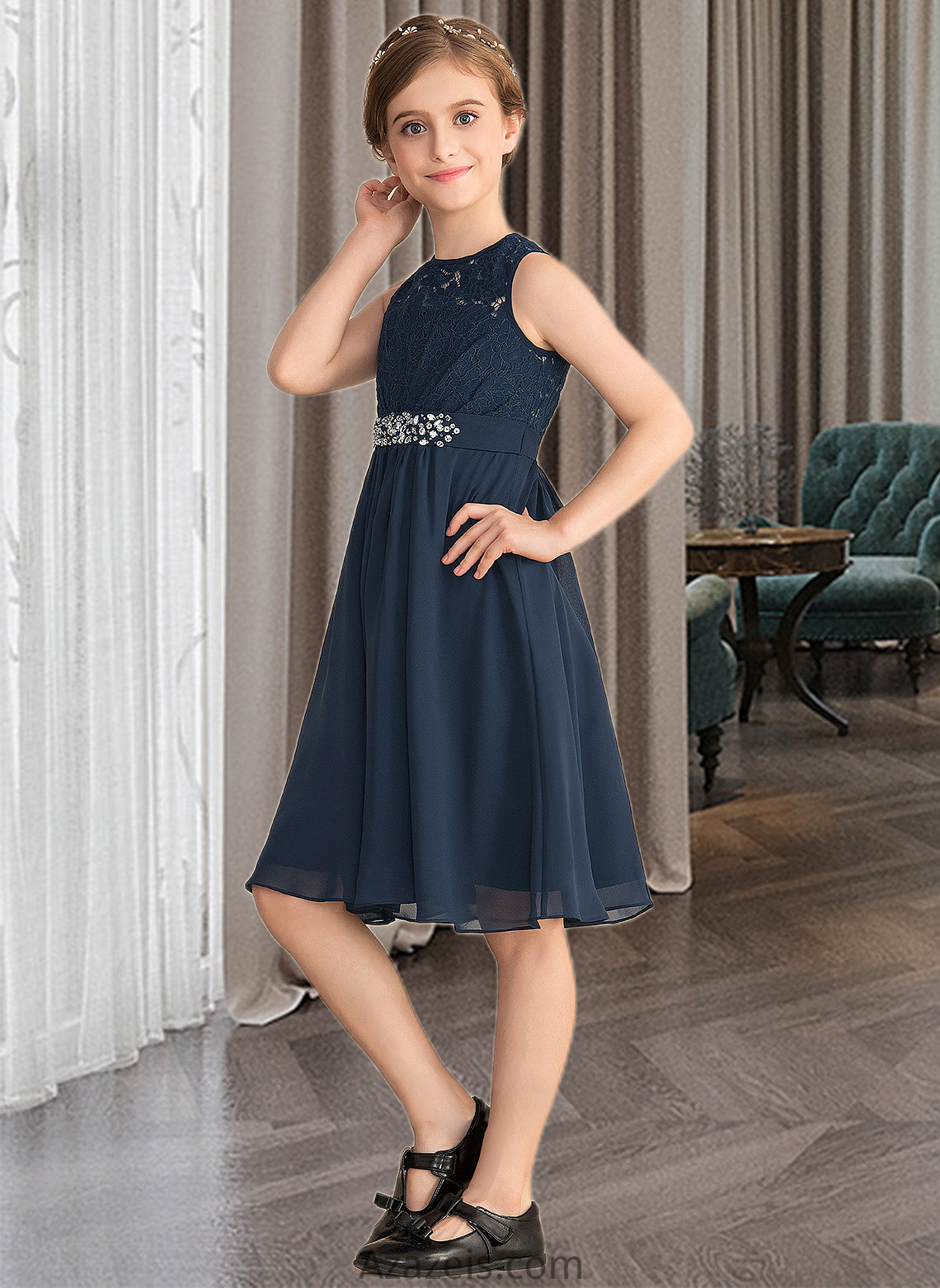 Xiomara A-Line Scoop Neck Knee-Length Chiffon Lace Junior Bridesmaid Dress With Beading Sequins Bow(s) DFP0013583