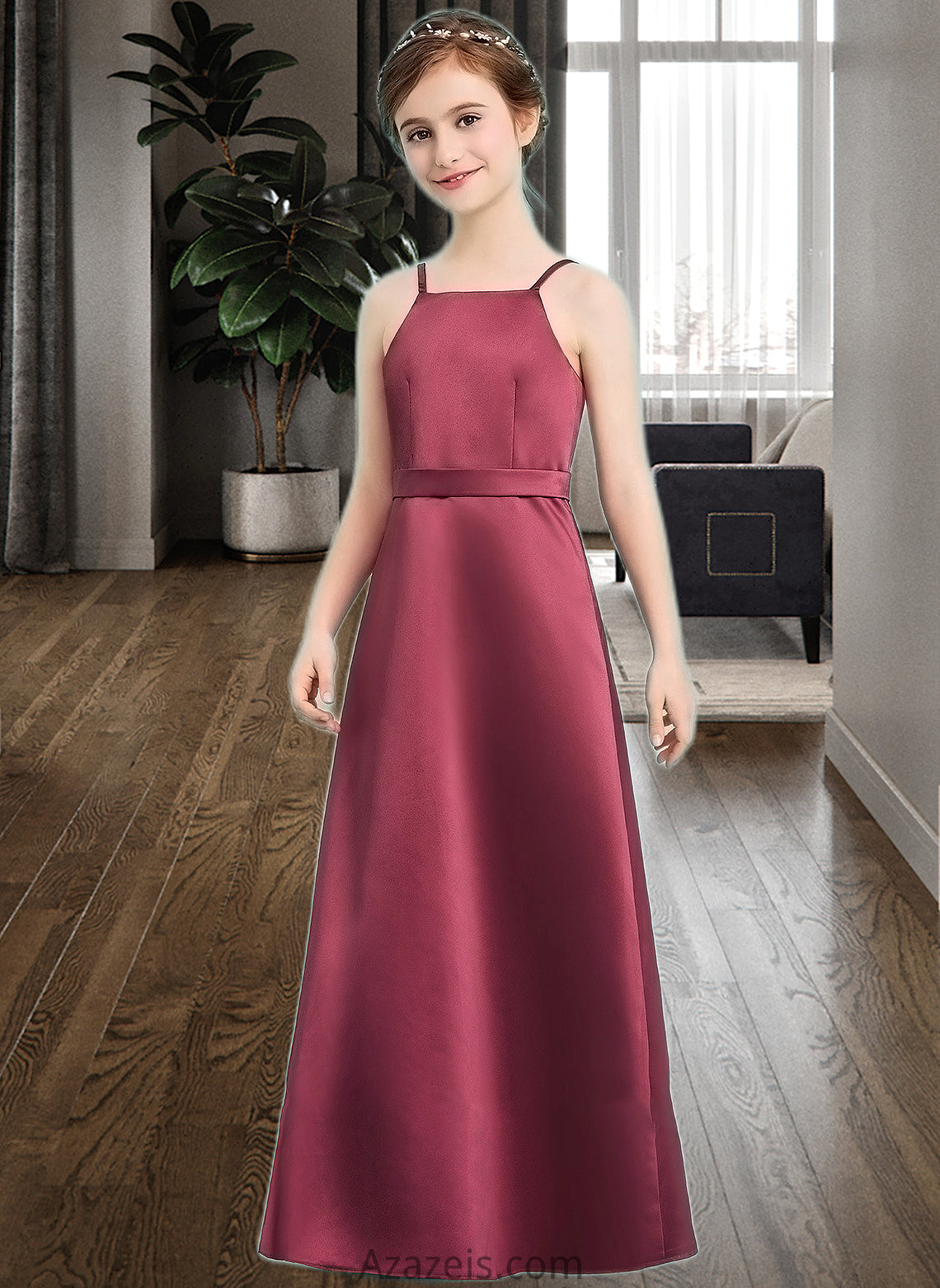 Johanna A-Line Square Neckline Floor-Length Satin Junior Bridesmaid Dress With Bow(s) DFP0013585