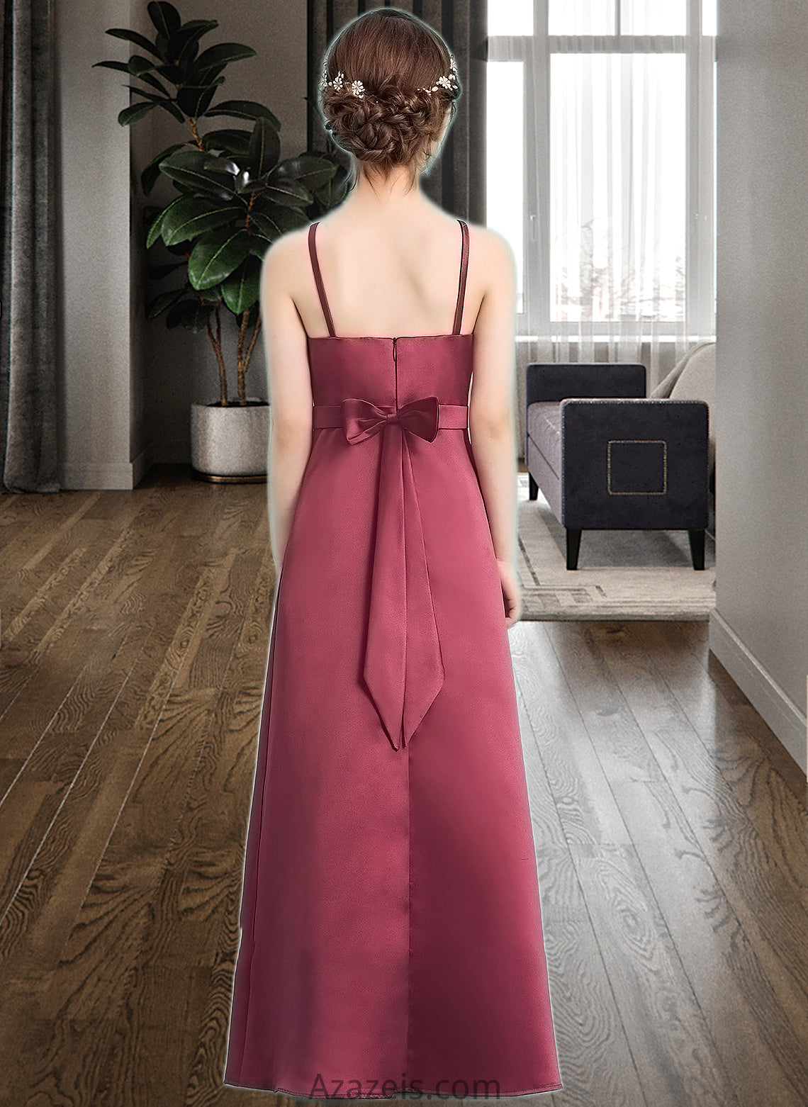 Johanna A-Line Square Neckline Floor-Length Satin Junior Bridesmaid Dress With Bow(s) DFP0013585