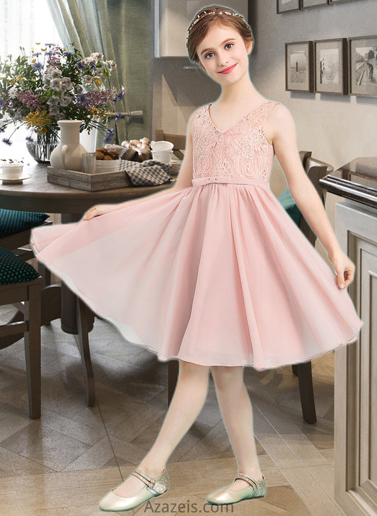 Meghan A-Line V-neck Knee-Length Chiffon Junior Bridesmaid Dress With Bow(s) DFP0013586