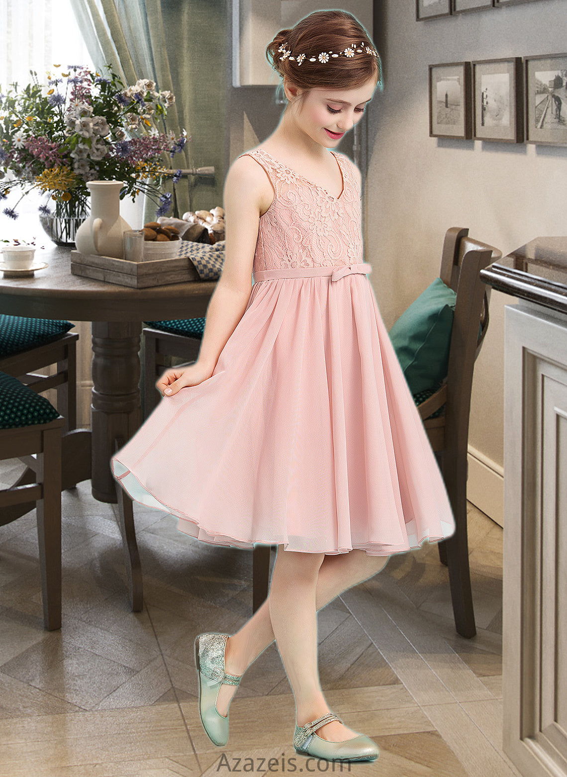 Meghan A-Line V-neck Knee-Length Chiffon Junior Bridesmaid Dress With Bow(s) DFP0013586