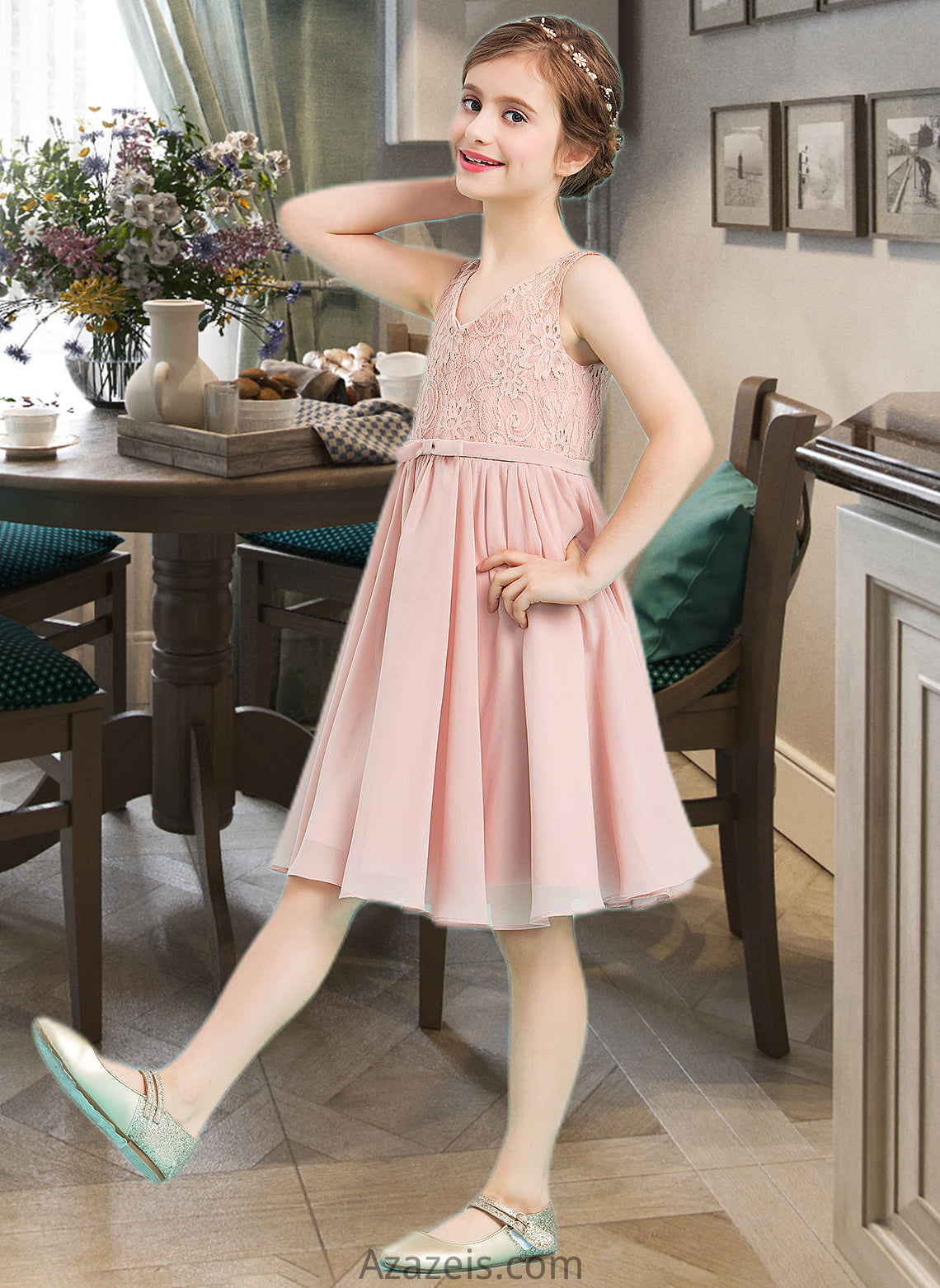 Meghan A-Line V-neck Knee-Length Chiffon Junior Bridesmaid Dress With Bow(s) DFP0013586