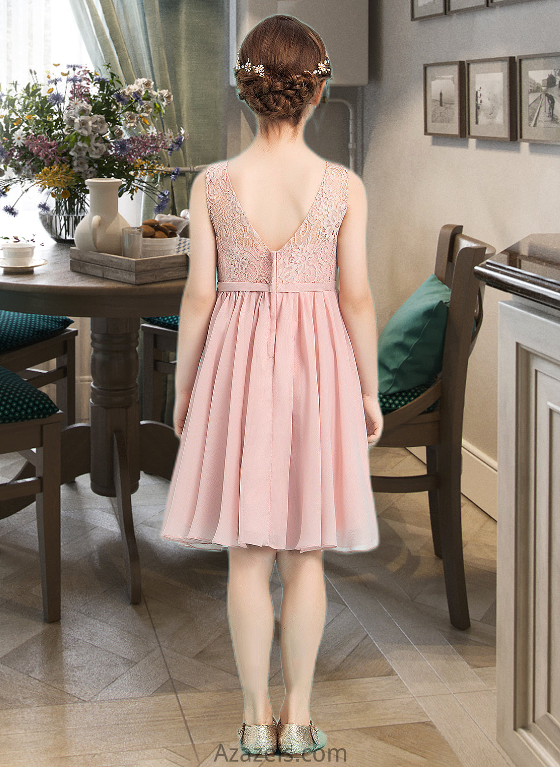 Meghan A-Line V-neck Knee-Length Chiffon Junior Bridesmaid Dress With Bow(s) DFP0013586