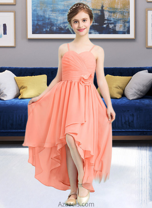 Emery A-Line Sweetheart Asymmetrical Chiffon Junior Bridesmaid Dress With Ruffle Flower(s) DFP0013587