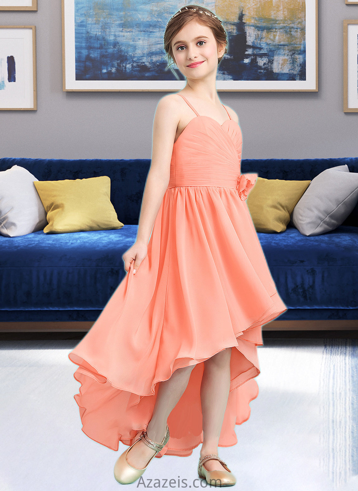 Emery A-Line Sweetheart Asymmetrical Chiffon Junior Bridesmaid Dress With Ruffle Flower(s) DFP0013587