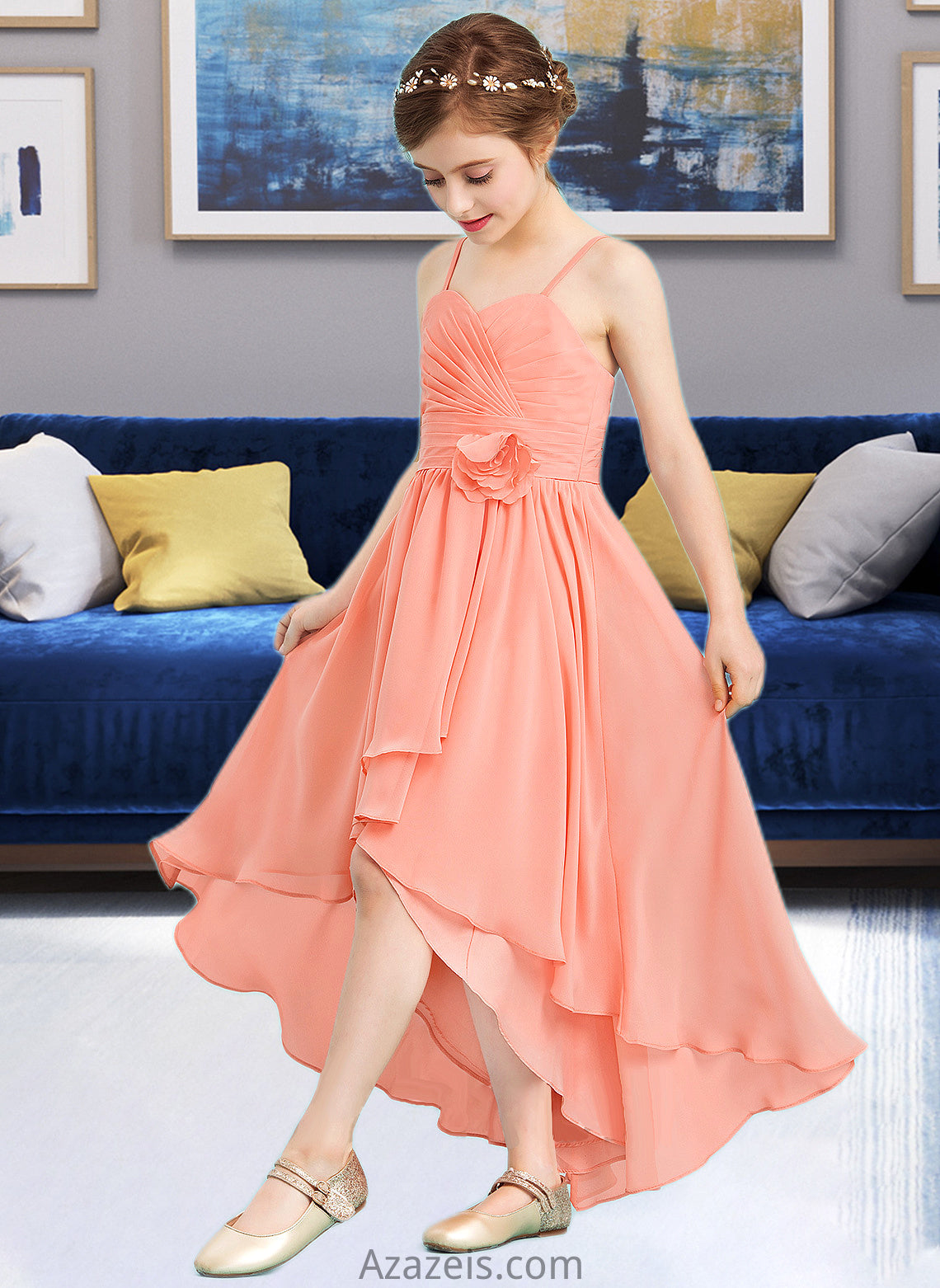 Emery A-Line Sweetheart Asymmetrical Chiffon Junior Bridesmaid Dress With Ruffle Flower(s) DFP0013587