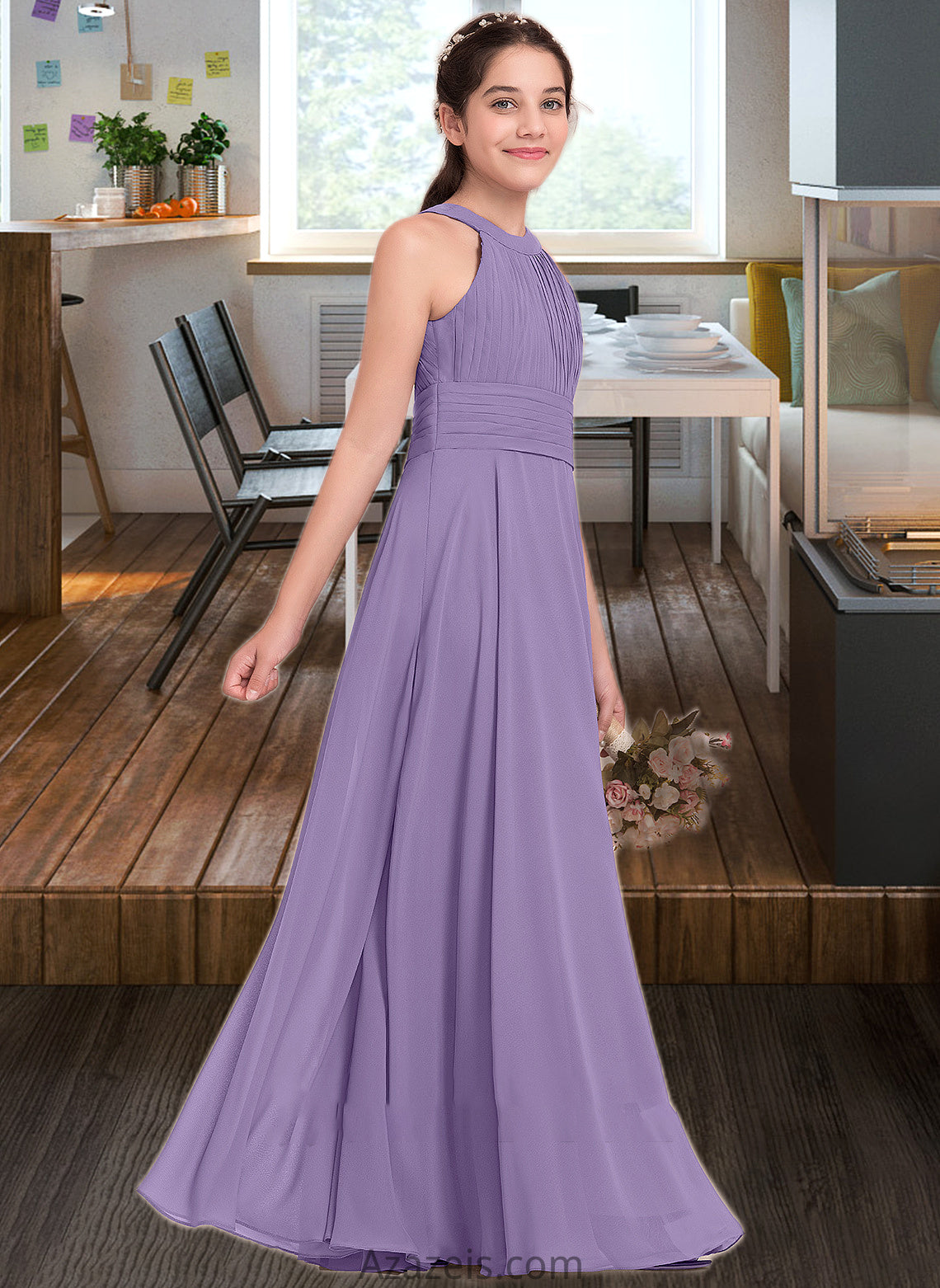 Makenzie A-Line Scoop Neck Floor-Length Chiffon Junior Bridesmaid Dress With Ruffle DFP0013588