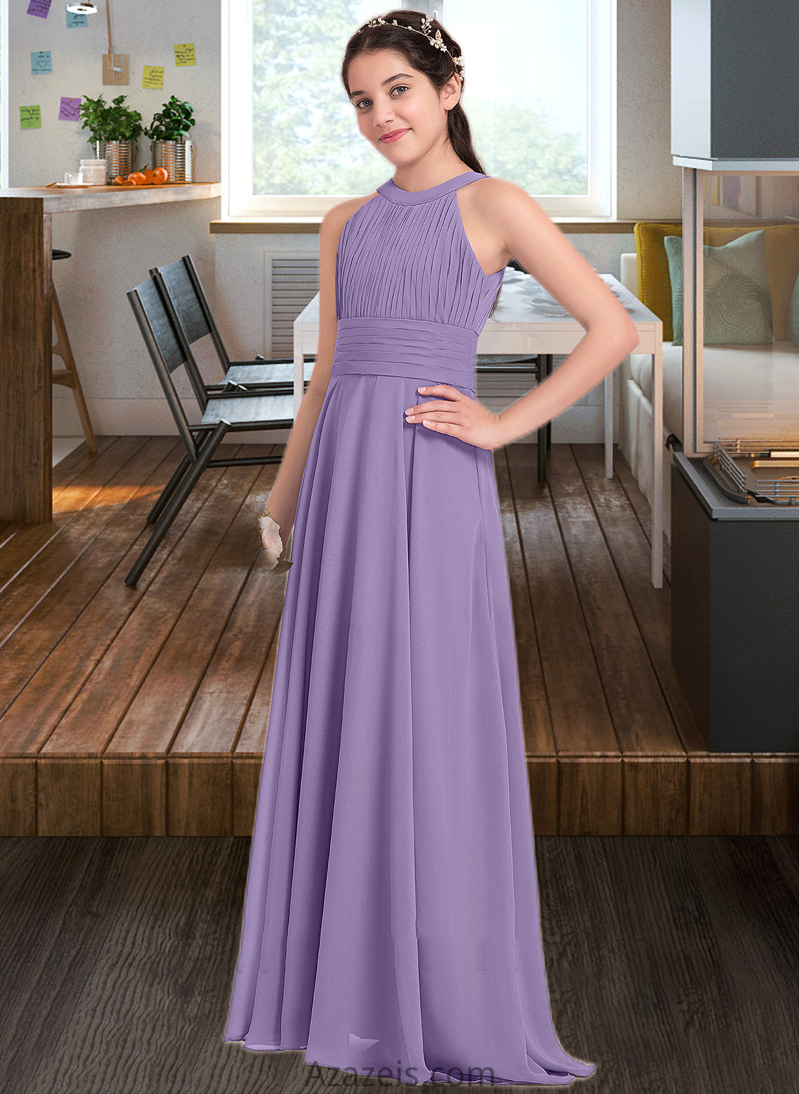 Makenzie A-Line Scoop Neck Floor-Length Chiffon Junior Bridesmaid Dress With Ruffle DFP0013588