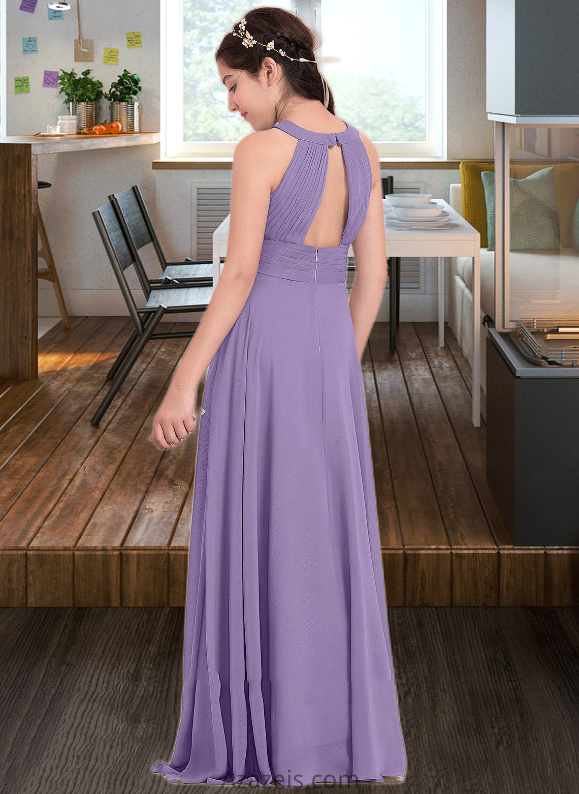 Makenzie A-Line Scoop Neck Floor-Length Chiffon Junior Bridesmaid Dress With Ruffle DFP0013588