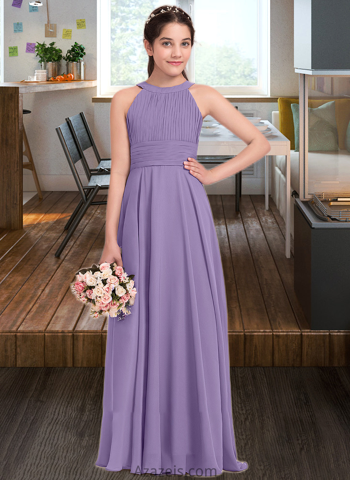 Makenzie A-Line Scoop Neck Floor-Length Chiffon Junior Bridesmaid Dress With Ruffle DFP0013588