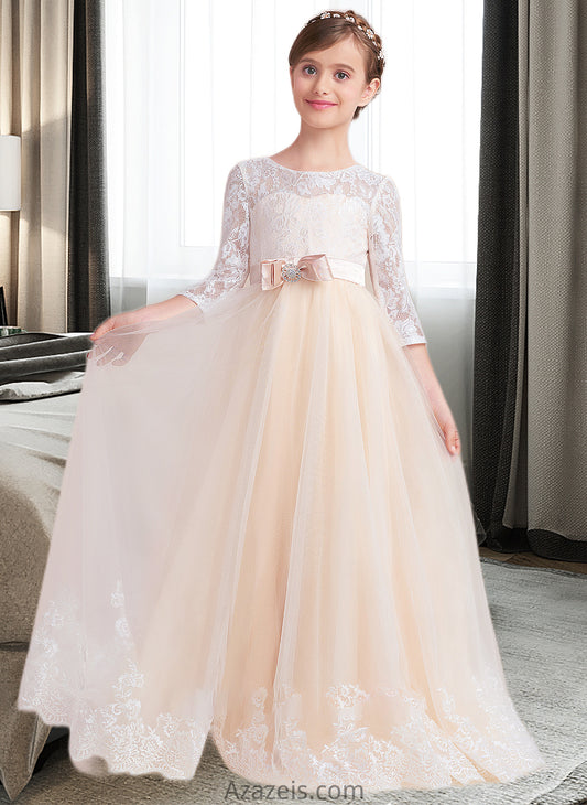 Pat Ball-Gown/Princess Scoop Neck Floor-Length Tulle Lace Junior Bridesmaid Dress With Sash Beading Bow(s) DFP0013589