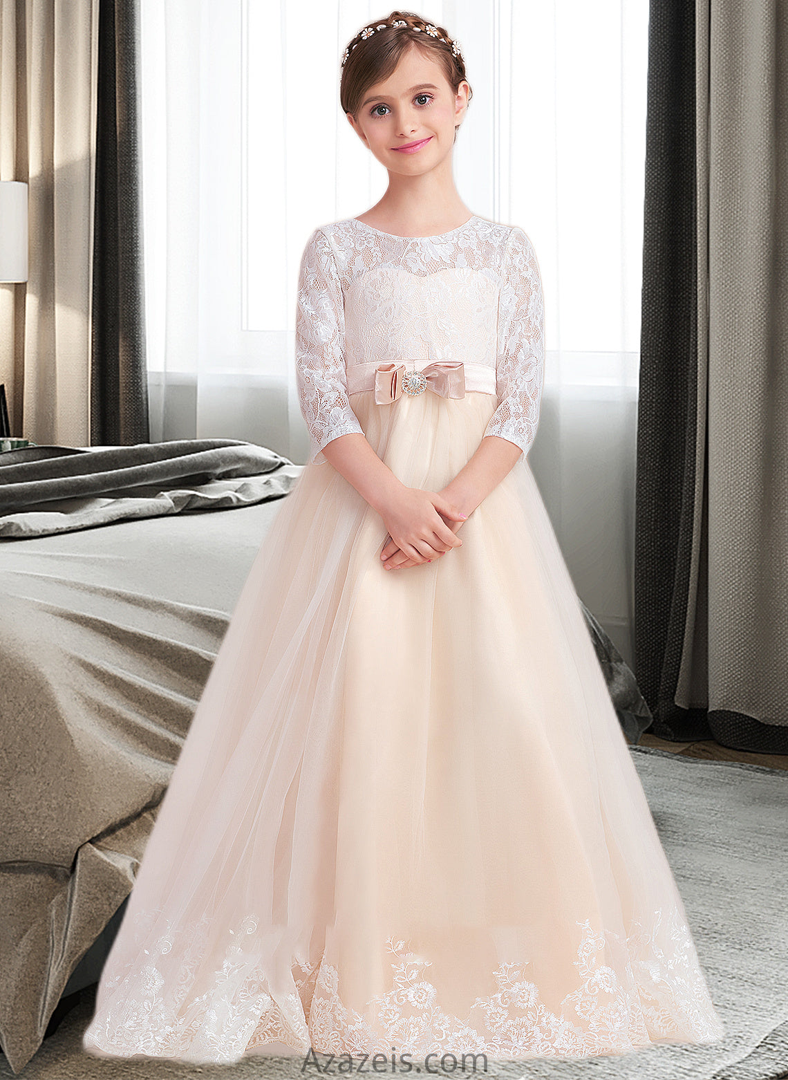 Pat Ball-Gown/Princess Scoop Neck Floor-Length Tulle Lace Junior Bridesmaid Dress With Sash Beading Bow(s) DFP0013589