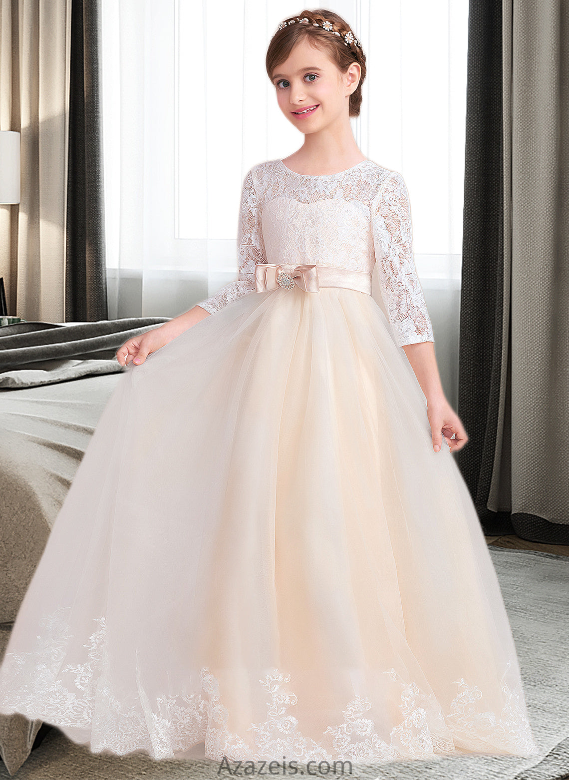 Pat Ball-Gown/Princess Scoop Neck Floor-Length Tulle Lace Junior Bridesmaid Dress With Sash Beading Bow(s) DFP0013589