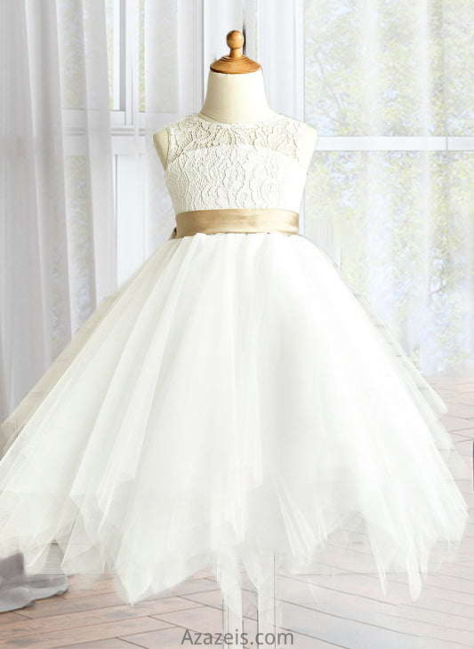 Kyra A-Line Scoop Neck Tea-Length Tulle Junior Bridesmaid Dress With Sash DFP0013591