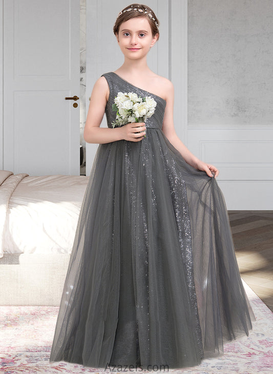 Lillian A-Line One-Shoulder Floor-Length Tulle Sequined Junior Bridesmaid Dress With Ruffle DFP0013592