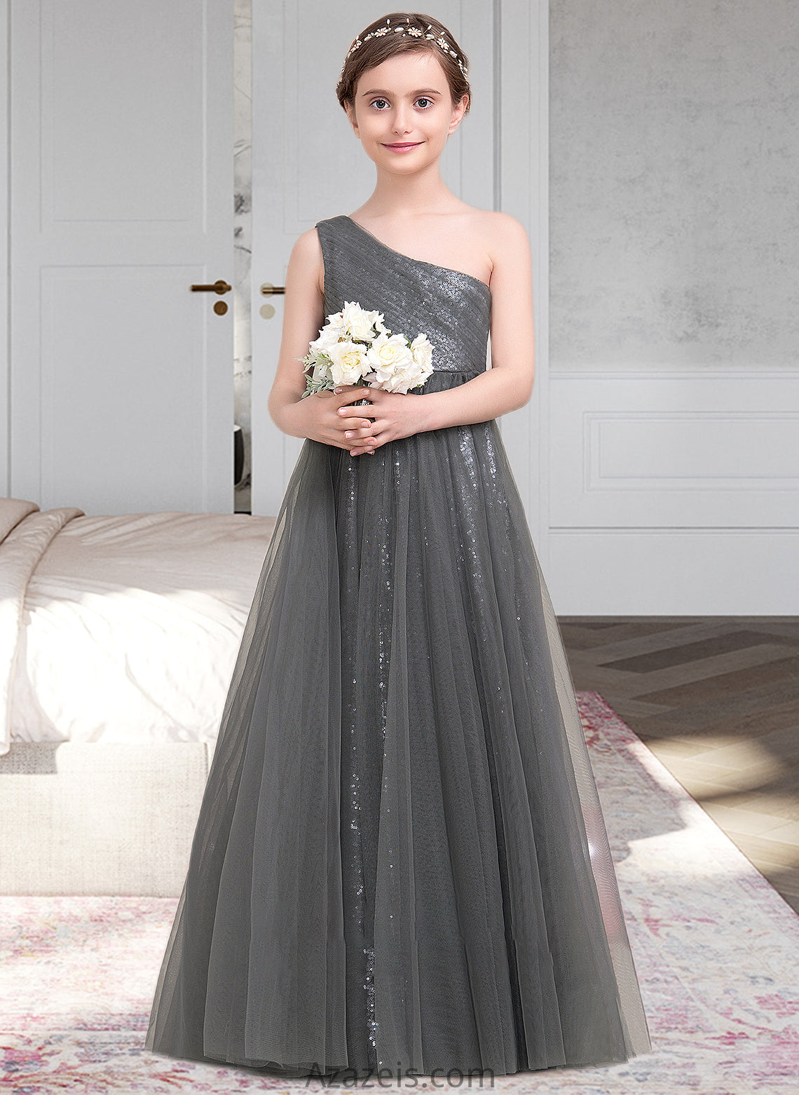 Lillian A-Line One-Shoulder Floor-Length Tulle Sequined Junior Bridesmaid Dress With Ruffle DFP0013592