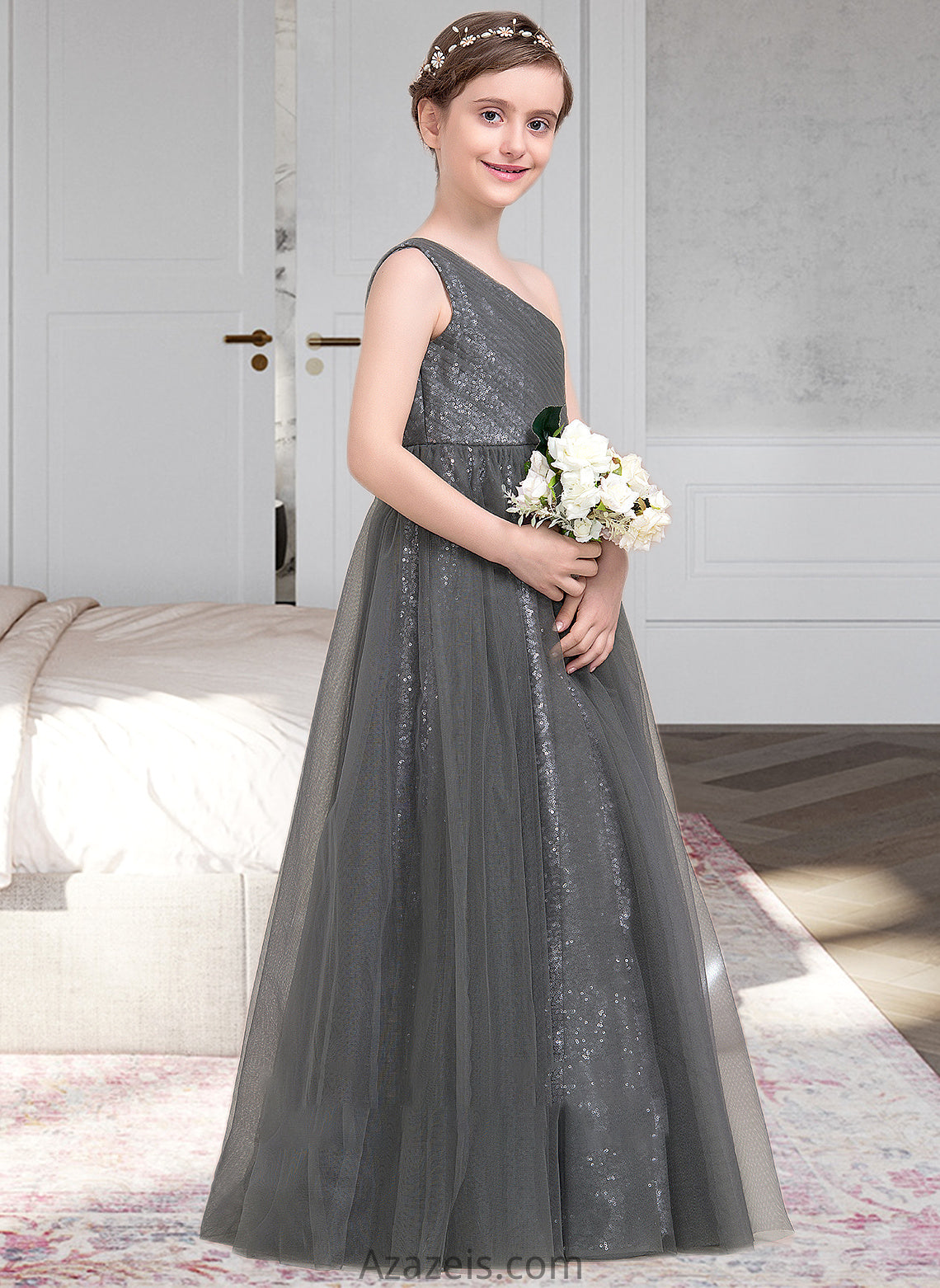 Lillian A-Line One-Shoulder Floor-Length Tulle Sequined Junior Bridesmaid Dress With Ruffle DFP0013592