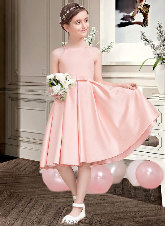 Izabella A-Line Square Neckline Knee-Length Satin Junior Bridesmaid Dress With Bow(s) DFP0013593