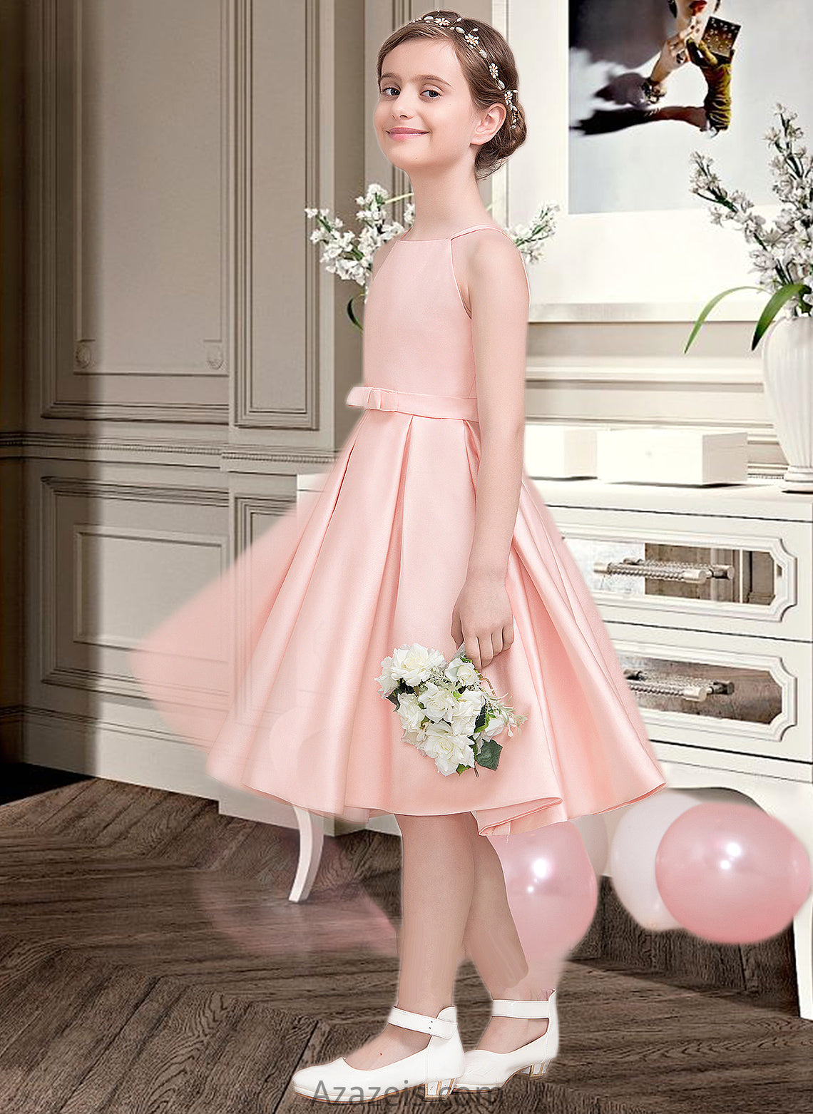 Izabella A-Line Square Neckline Knee-Length Satin Junior Bridesmaid Dress With Bow(s) DFP0013593