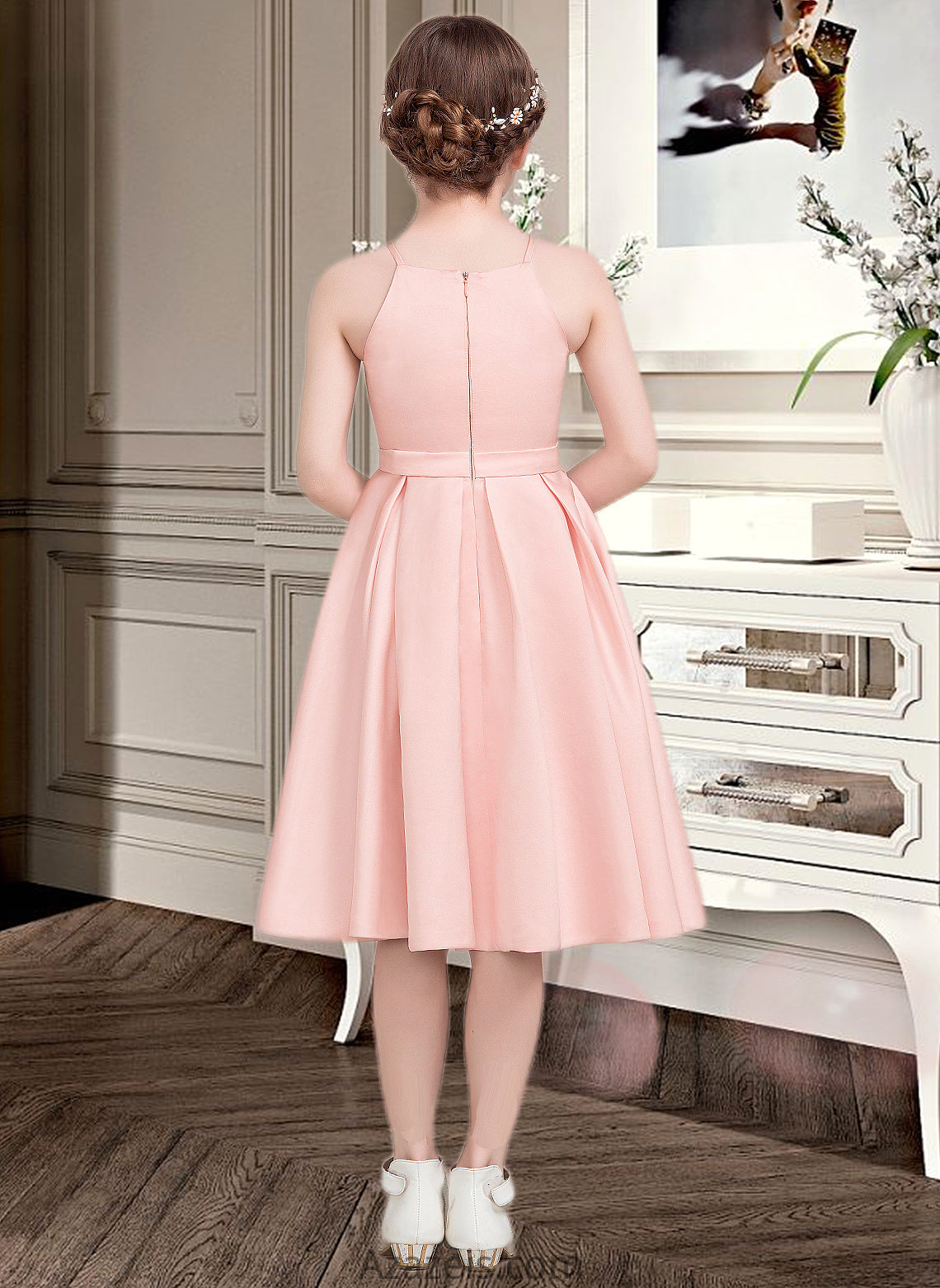 Izabella A-Line Square Neckline Knee-Length Satin Junior Bridesmaid Dress With Bow(s) DFP0013593