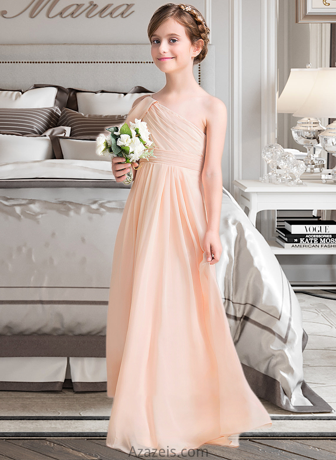 Heidi A-Line One-Shoulder Floor-Length Chiffon Junior Bridesmaid Dress With Ruffle DFP0013594