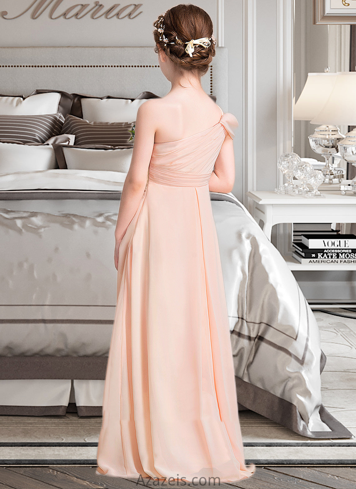 Heidi A-Line One-Shoulder Floor-Length Chiffon Junior Bridesmaid Dress With Ruffle DFP0013594