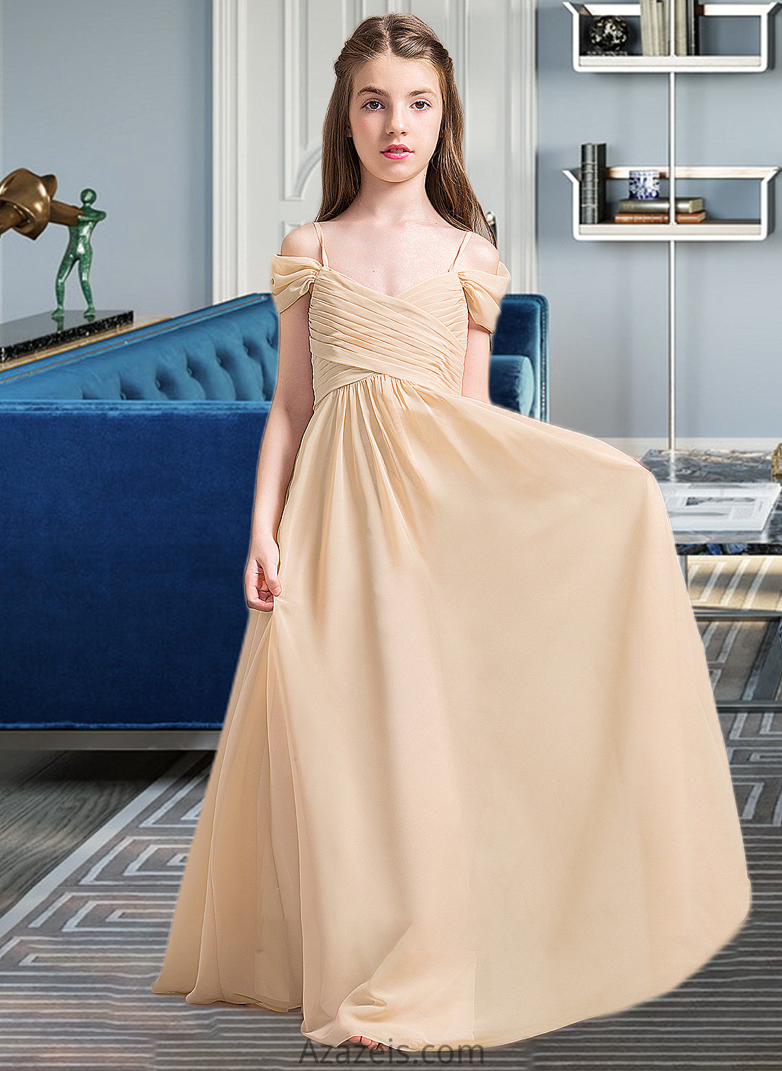 Stacy A-Line Off-the-Shoulder Floor-Length Chiffon Junior Bridesmaid Dress With Ruffle DFP0013595