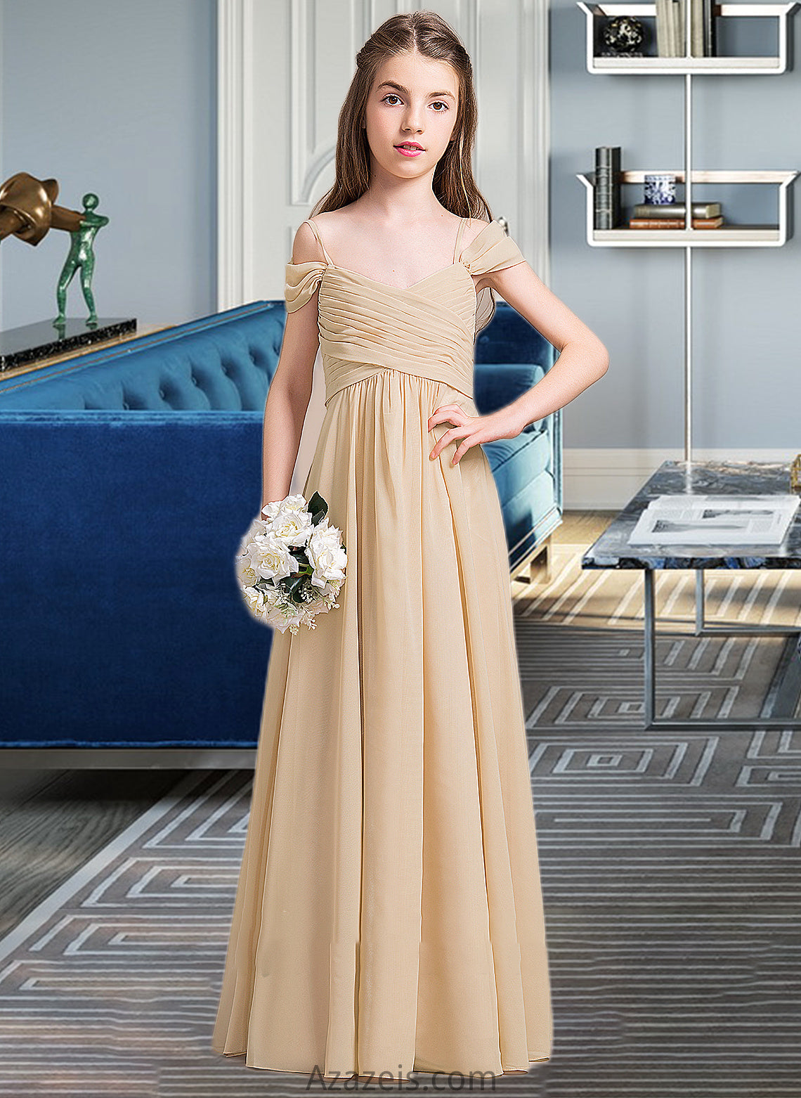 Stacy A-Line Off-the-Shoulder Floor-Length Chiffon Junior Bridesmaid Dress With Ruffle DFP0013595