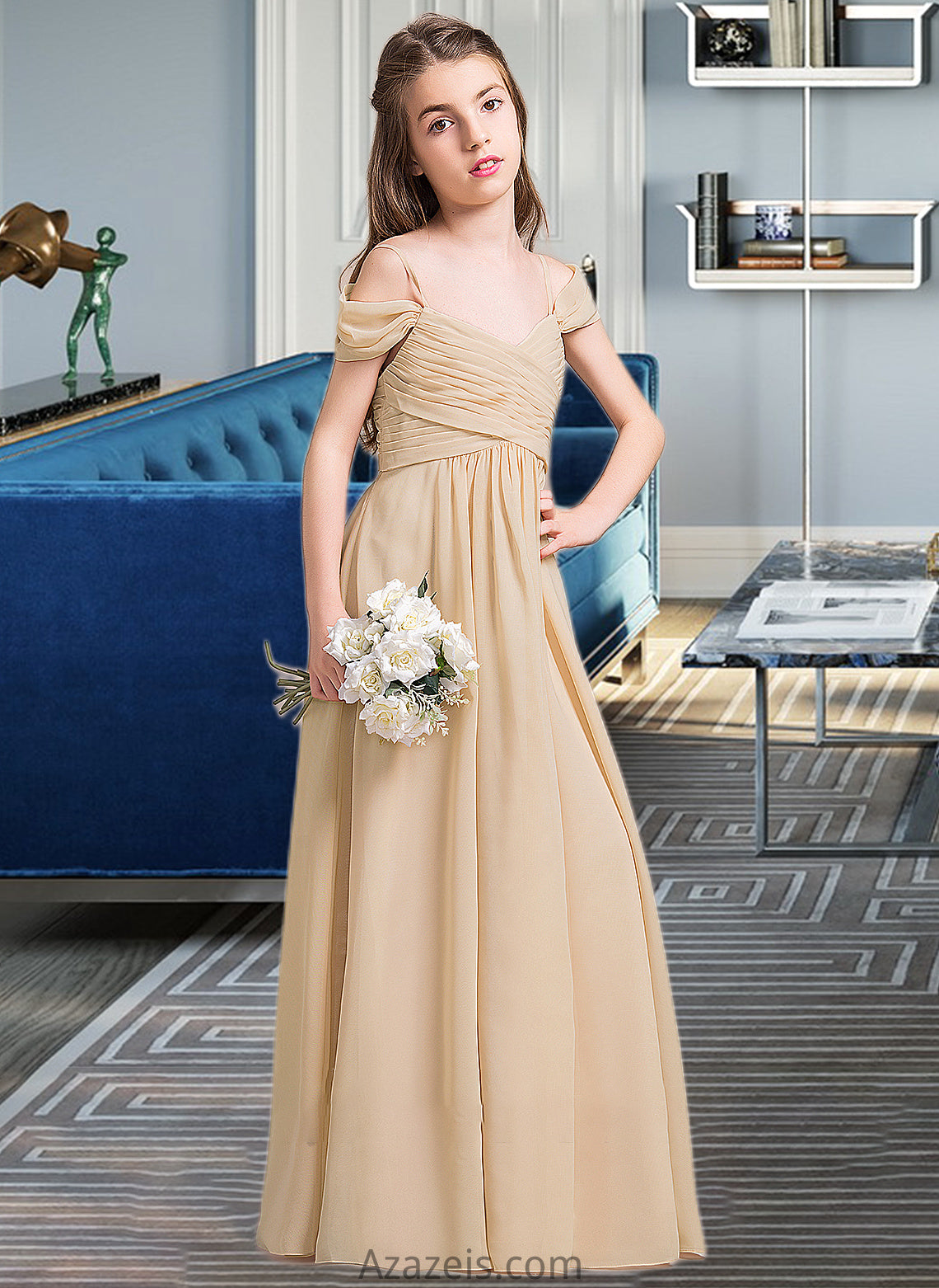 Stacy A-Line Off-the-Shoulder Floor-Length Chiffon Junior Bridesmaid Dress With Ruffle DFP0013595