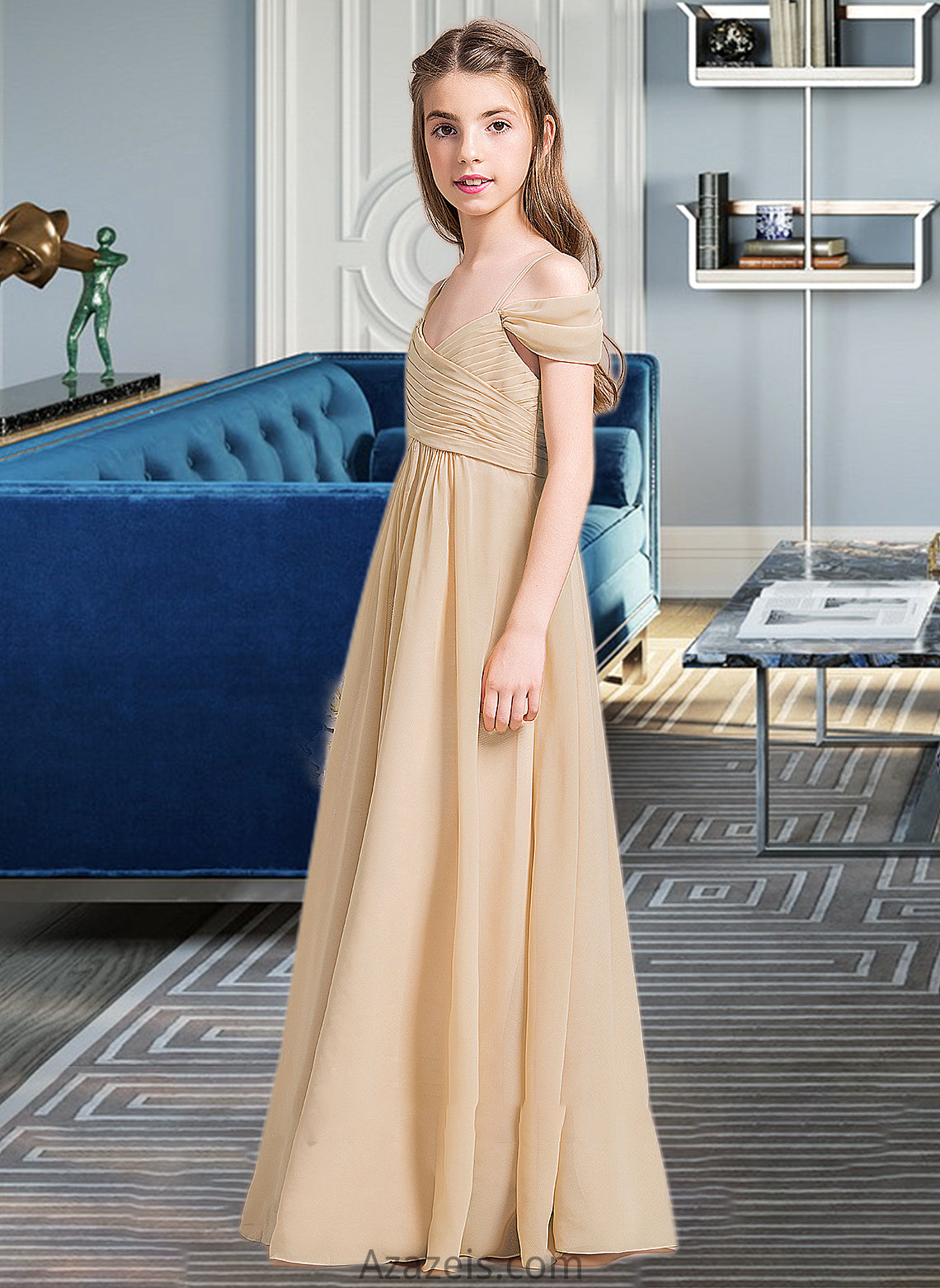 Stacy A-Line Off-the-Shoulder Floor-Length Chiffon Junior Bridesmaid Dress With Ruffle DFP0013595