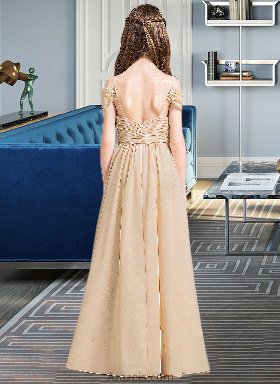 Stacy A-Line Off-the-Shoulder Floor-Length Chiffon Junior Bridesmaid Dress With Ruffle DFP0013595