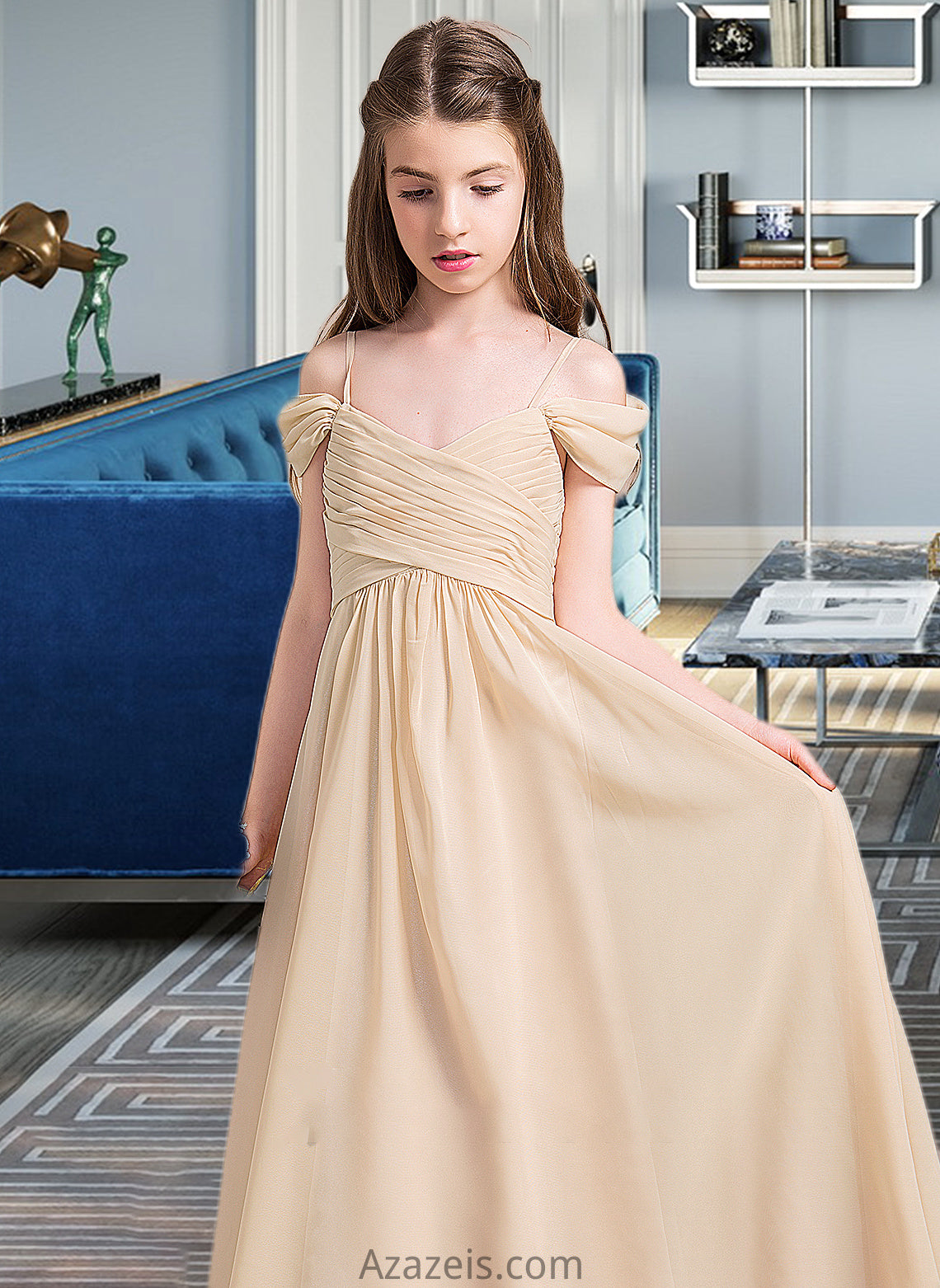 Stacy A-Line Off-the-Shoulder Floor-Length Chiffon Junior Bridesmaid Dress With Ruffle DFP0013595