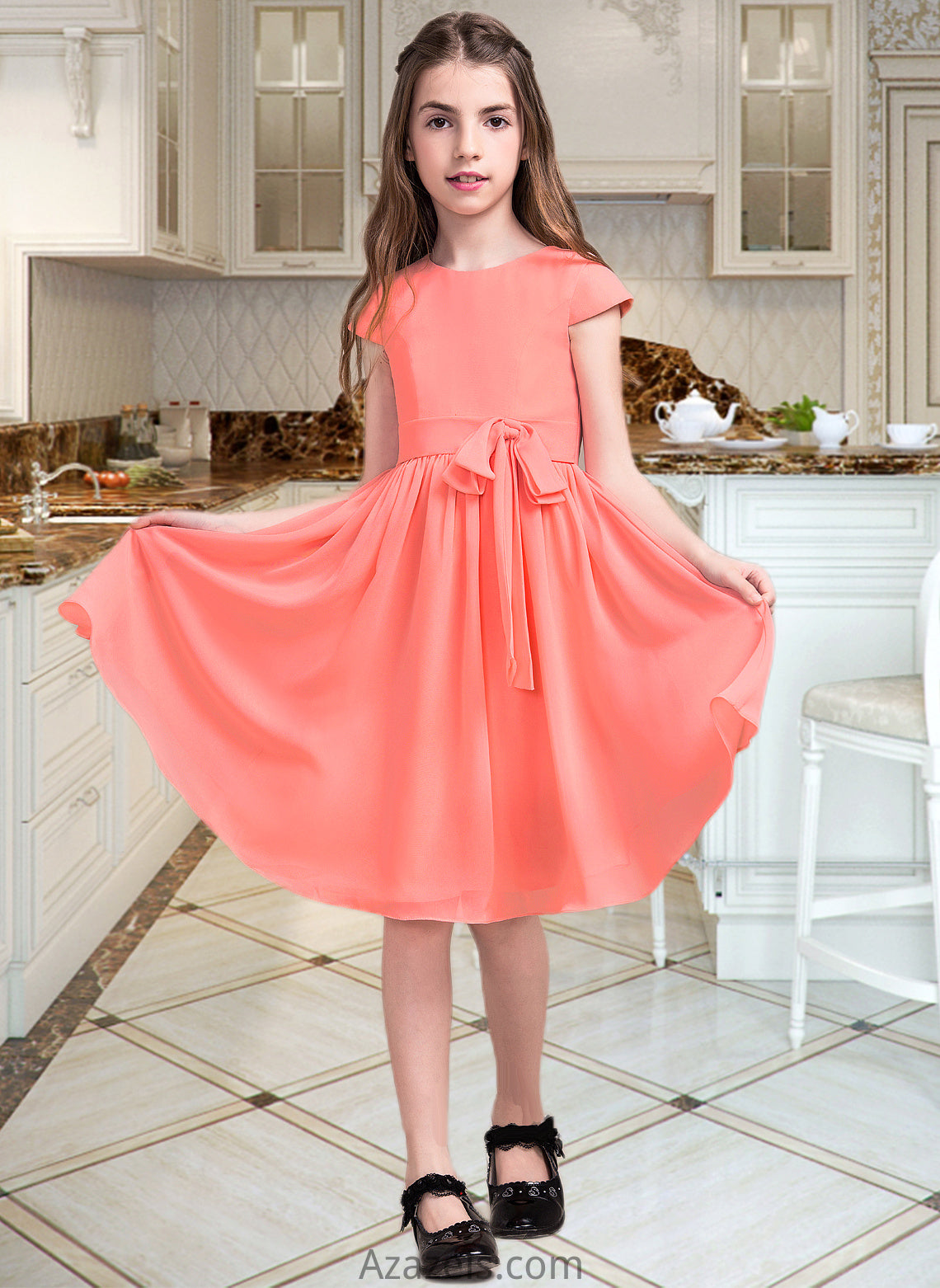 Katrina A-Line Scoop Neck Knee-Length Chiffon Junior Bridesmaid Dress With Bow(s) DFP0013596