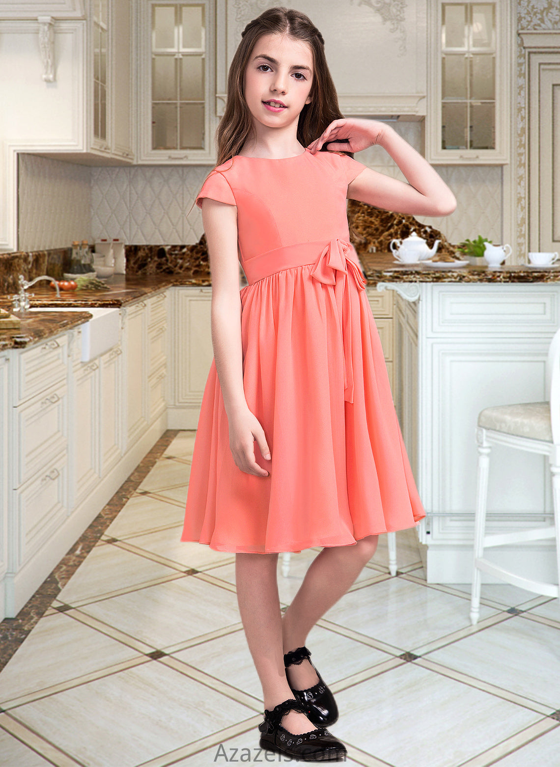 Katrina A-Line Scoop Neck Knee-Length Chiffon Junior Bridesmaid Dress With Bow(s) DFP0013596