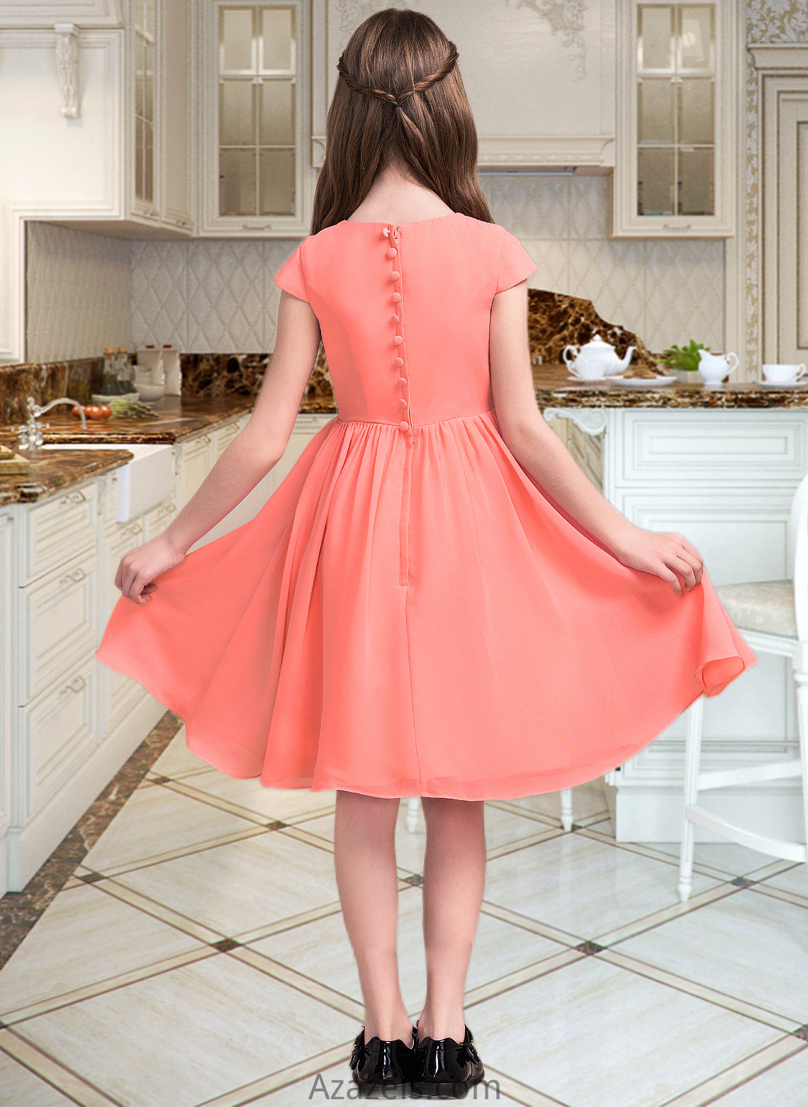 Katrina A-Line Scoop Neck Knee-Length Chiffon Junior Bridesmaid Dress With Bow(s) DFP0013596