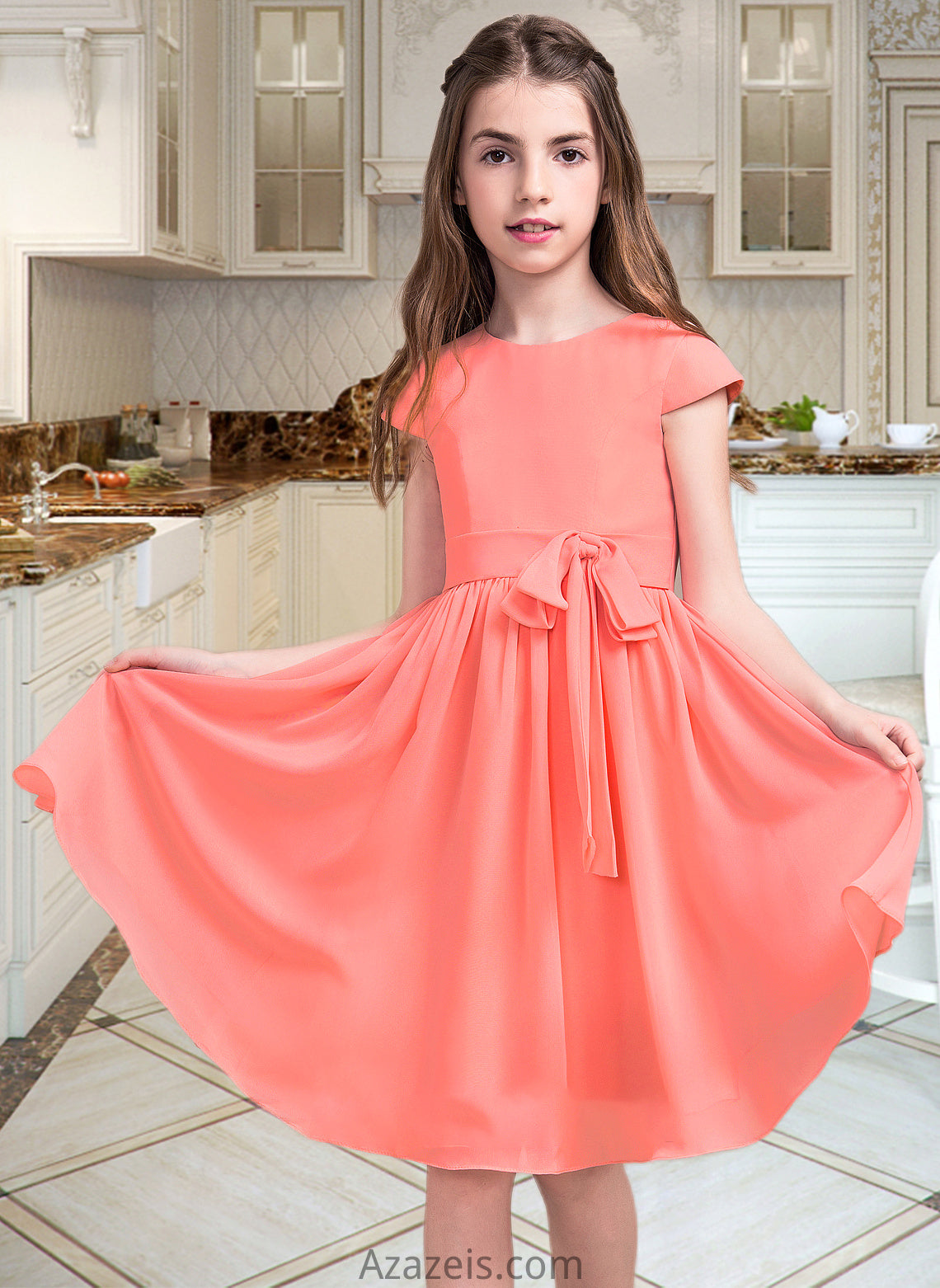 Katrina A-Line Scoop Neck Knee-Length Chiffon Junior Bridesmaid Dress With Bow(s) DFP0013596