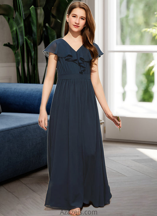 Carley A-Line V-neck Floor-Length Chiffon Junior Bridesmaid Dress With Bow(s) Cascading Ruffles DFP0013599