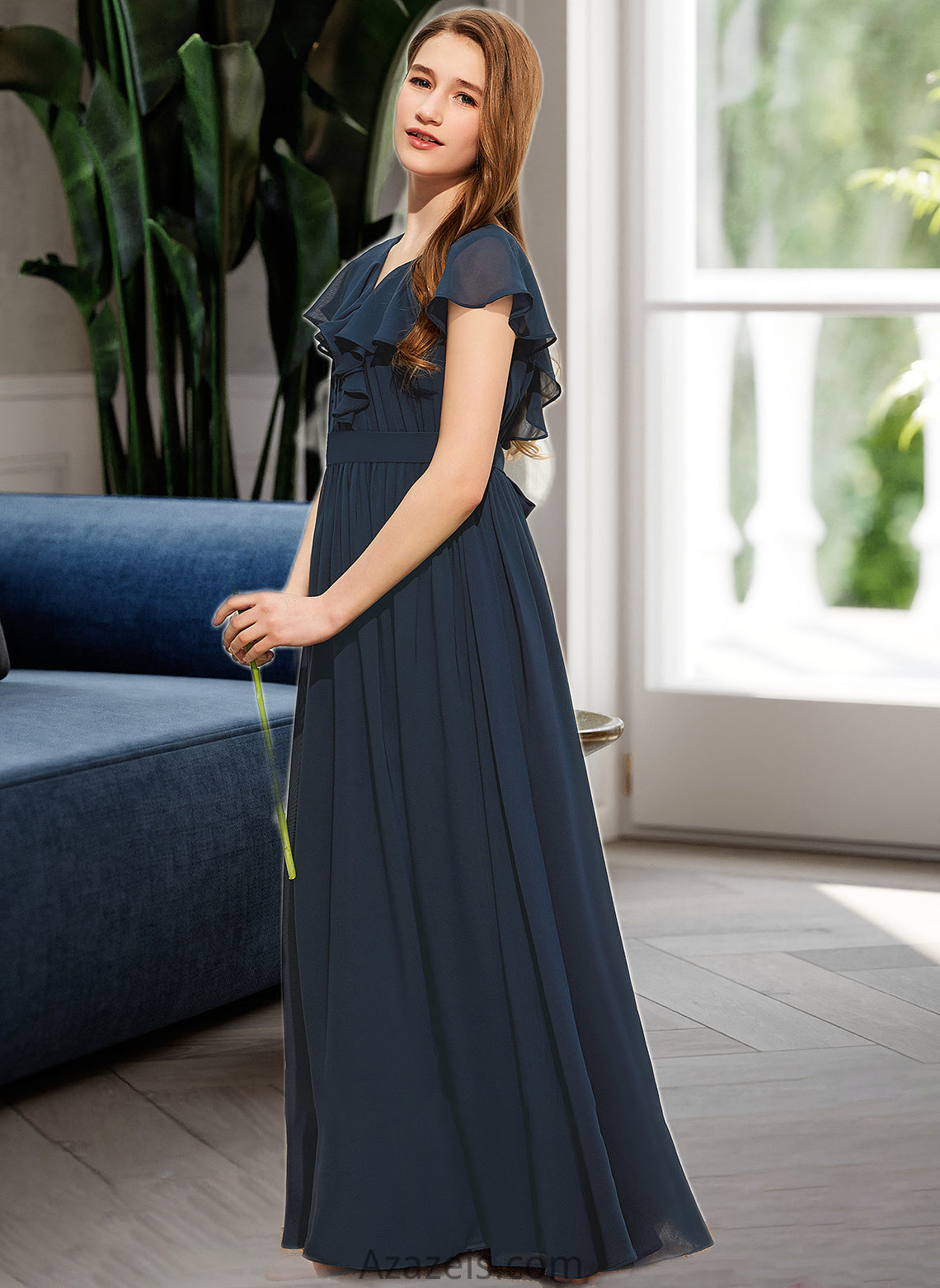 Carley A-Line V-neck Floor-Length Chiffon Junior Bridesmaid Dress With Bow(s) Cascading Ruffles DFP0013599