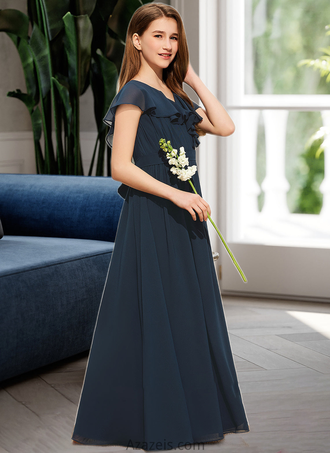 Carley A-Line V-neck Floor-Length Chiffon Junior Bridesmaid Dress With Bow(s) Cascading Ruffles DFP0013599