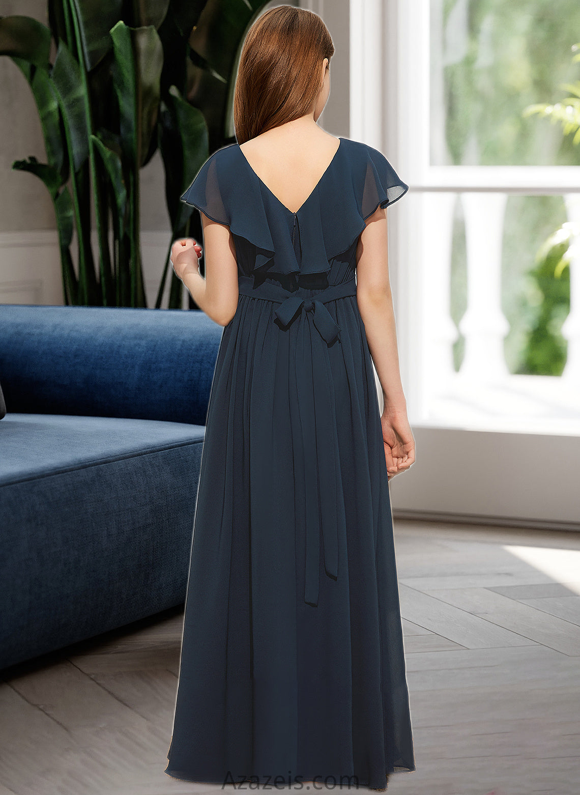 Carley A-Line V-neck Floor-Length Chiffon Junior Bridesmaid Dress With Bow(s) Cascading Ruffles DFP0013599