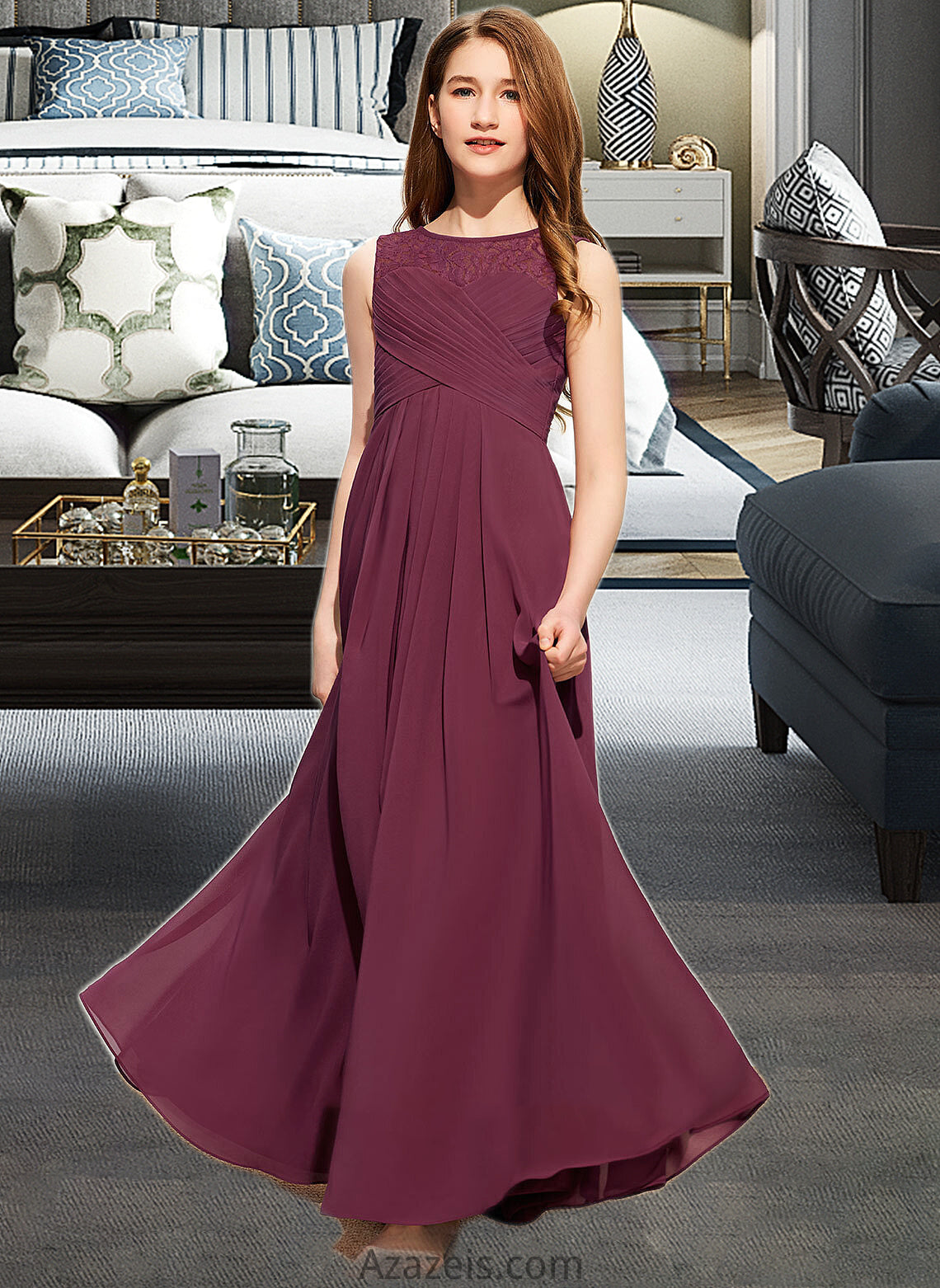 Kallie A-Line Scoop Neck Floor-Length Chiffon Lace Junior Bridesmaid Dress With Ruffle Bow(s) DFP0013600