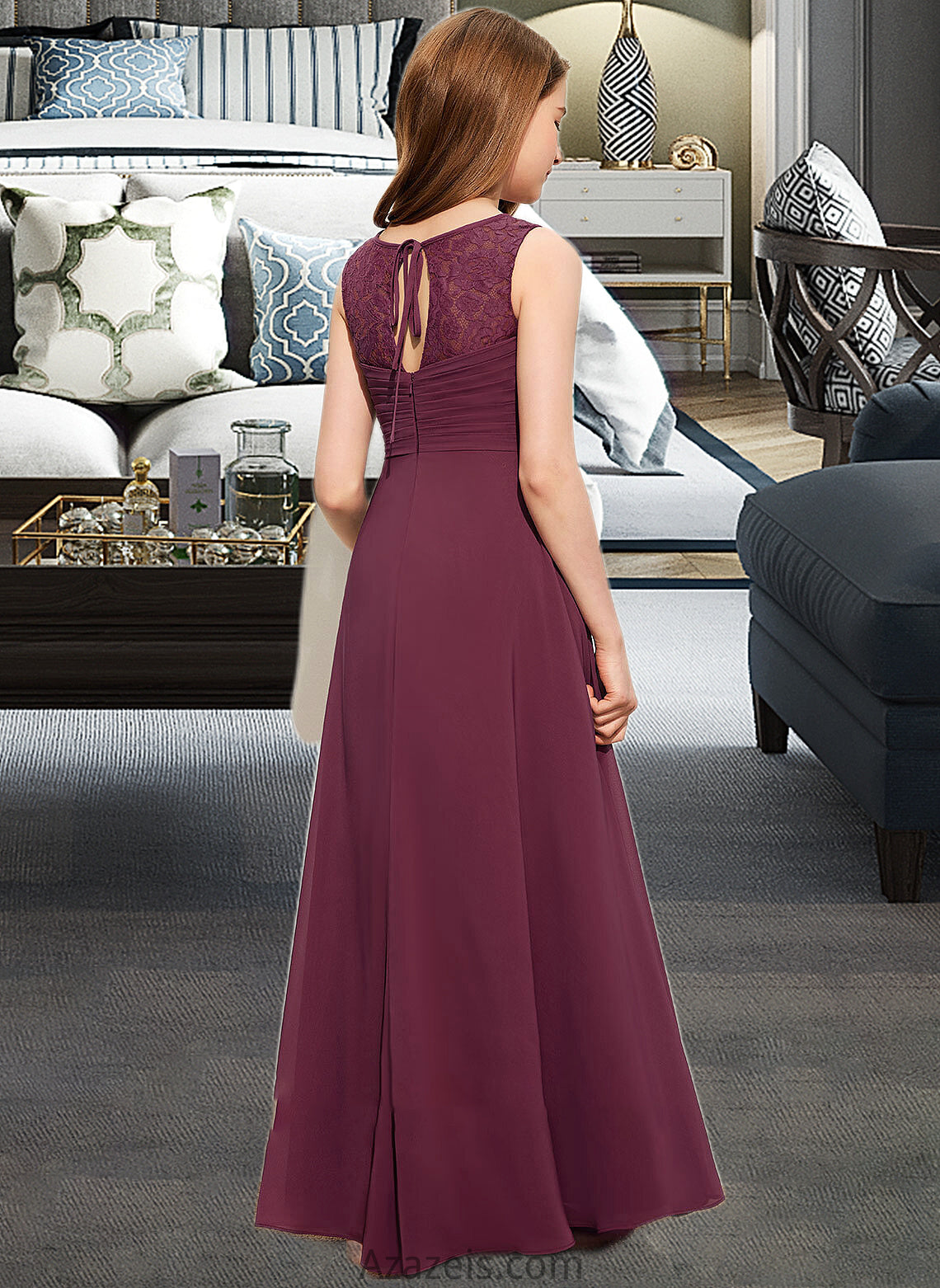 Kallie A-Line Scoop Neck Floor-Length Chiffon Lace Junior Bridesmaid Dress With Ruffle Bow(s) DFP0013600