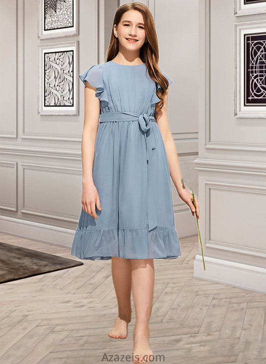 Sue A-Line Scoop Neck Knee-Length Chiffon Junior Bridesmaid Dress With Bow(s) Cascading Ruffles DFP0013601