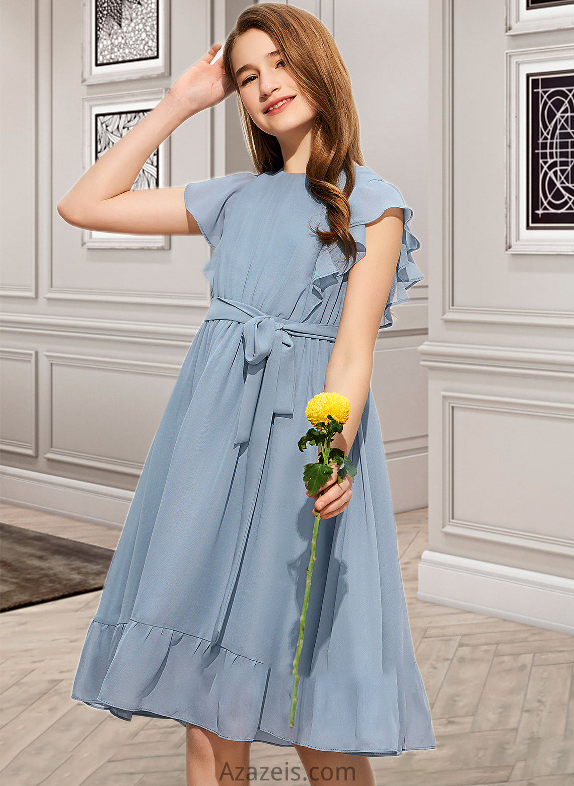 Sue A-Line Scoop Neck Knee-Length Chiffon Junior Bridesmaid Dress With Bow(s) Cascading Ruffles DFP0013601