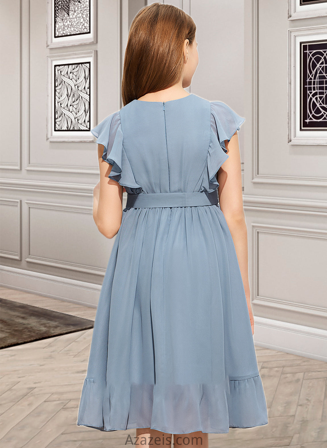 Sue A-Line Scoop Neck Knee-Length Chiffon Junior Bridesmaid Dress With Bow(s) Cascading Ruffles DFP0013601